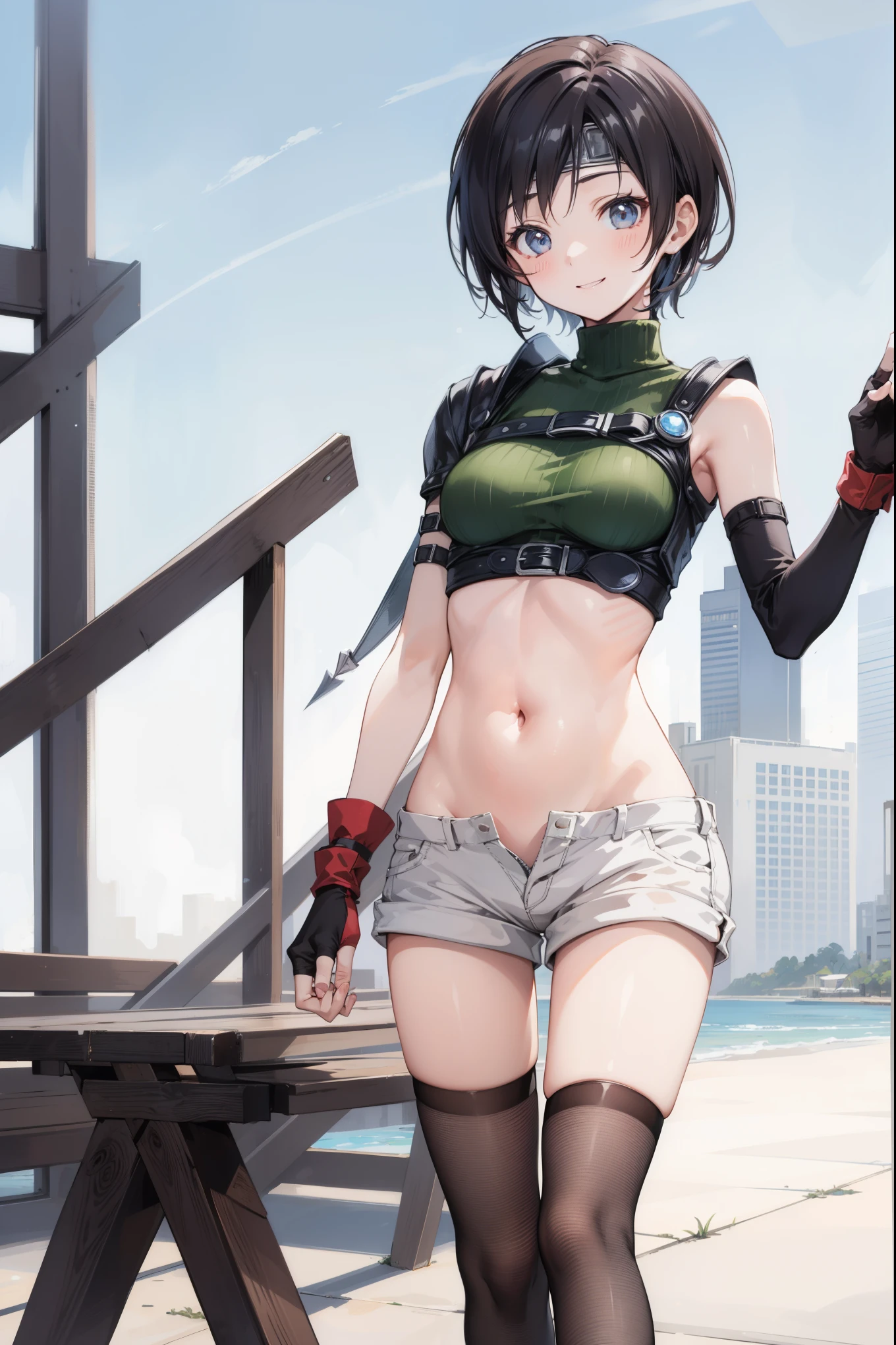 yuffiekisaragi, Yuffie Kisaragi,Haircuts, pixie cut,
壊す crop top, fingerless gloves, fishnet Thighhighs, fishnet, forehead protector, gloves, head band, belly button, short shorts, shorts, single sleeve, single thigh high, No sleeve, No sleeve turtleneck, Thighhighs, turtleneck,
bench、blue sky、smile, solo,rising_leg ,apart_legs