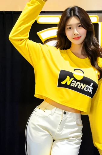 [an ultra-realistic Asian woman at Seoul International Airport], oval face shape, dark black hair color with brown streaks, medium length wavy hair, 25 years old, (wearing an oversized yellow long-sleeved t-shirt with a cool logo, colored tight trousers black, white premium snickers), bell-shaped breasts, standing pose facing the audience.