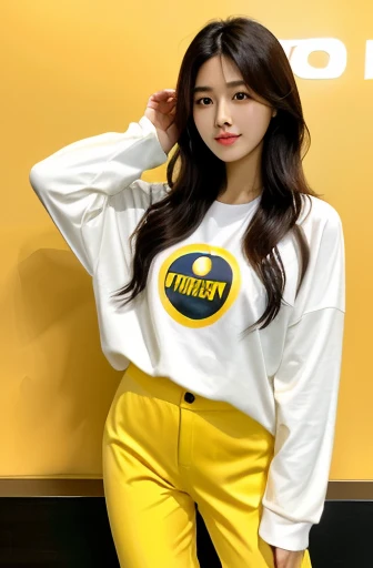 [an ultra-realistic Asian woman at Seoul International Airport], oval face shape, dark black hair color with brown streaks, medium length wavy hair, 25 years old, (wearing an oversized yellow long-sleeved t-shirt with a cool logo, colored tight trousers black, white premium snickers), bell-shaped breasts, standing pose facing the audience.