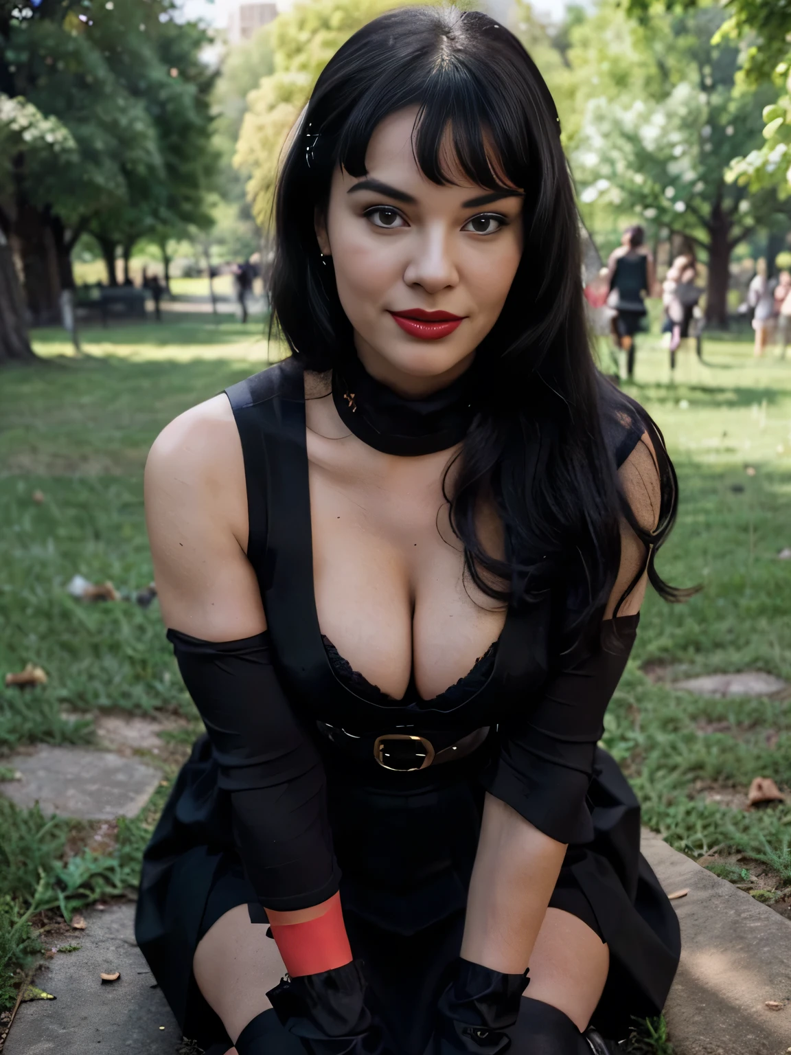 beautiful girl that looks like Bettie page, smile, updo, ponytail hair, red lipstick ,black long maxi-skirt(black long maxi-skirt:1.2), (( long black satin gloves)),high boots, ((and a long woolen vest )), flirting with the camera, hand bag on her shoulders, lying on the ground on the grass of central park having an orgasm with a vibrator,