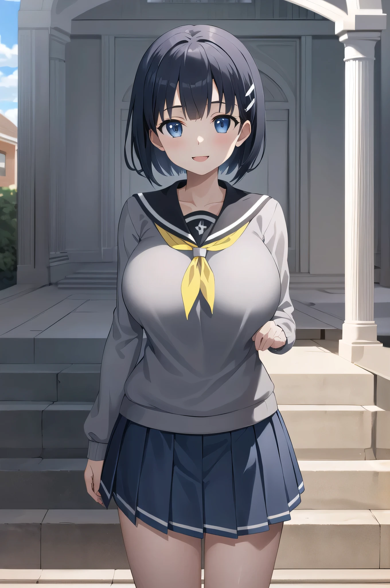 masterpiece、highest quality、High resolution、Anime Girls、solo、Short Hair、Black Hair、Blue Eyes、Hair Clip、Girls with very large breasts、Big Breasts、Grey sweater、Black sailor collar、Yellow neckerchief、Black Skirt、Are standing、looking at viewer、Cowboy Shot, Outdoor、smile、