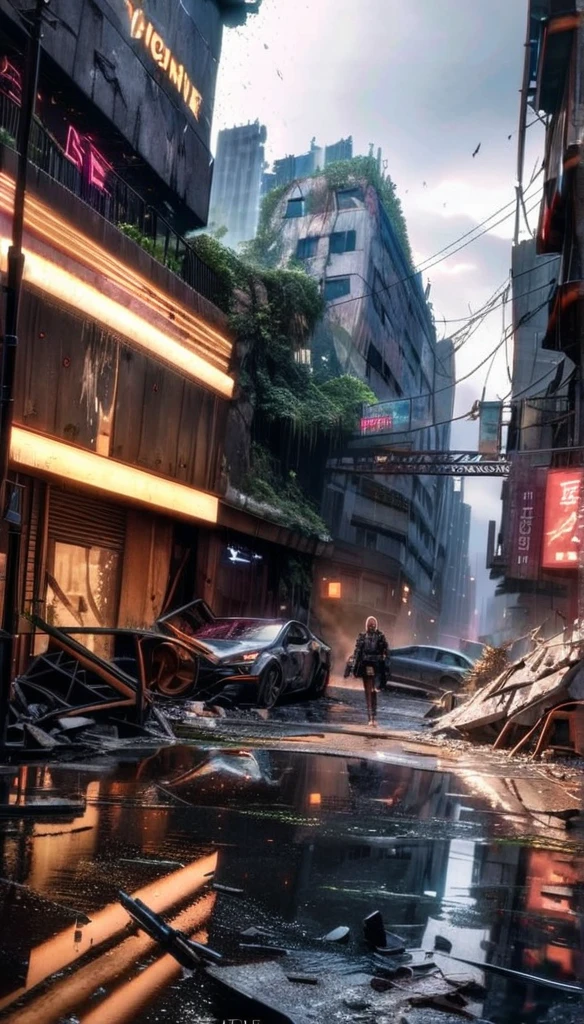(best quality,4k,8k,highres,masterpiece:1.2),ultra-detailed,(realistic,photorealistic,photo-realistic:1.37),platinum blonde woman,robotic destroyed city,expressive eyes,well-detailed face,shimmering robotic exoskeleton,artistic interpretation of a devastated city,surreal landscape,neon lights reflecting on wet pavement,ominous dark clouds looming over the city,piles of rubble and debris,cracked buildings and broken windows,post-apocalyptic atmosphere,abandoned vehicles and scattered wreckage,smoke and dust swirling in the air,desolate streets with overgrown vegetation,glimmers of hope amidst the destruction,splashes of vibrant colors in an otherwise dark and desolate scene,imposing and grandiose ruins,contrasting textures of metal and nature,reflection of the woman's determination and strength against the backdrop of chaos and destruction,blurred motion from the woman's actions,creating a sense of dynamism and energy,gritty and moody ambiance,mysterious and enigmatic atmosphere,sci-fi cyberpunk elements,sparkling rain and dripping water,unforgettable and haunting imagery.