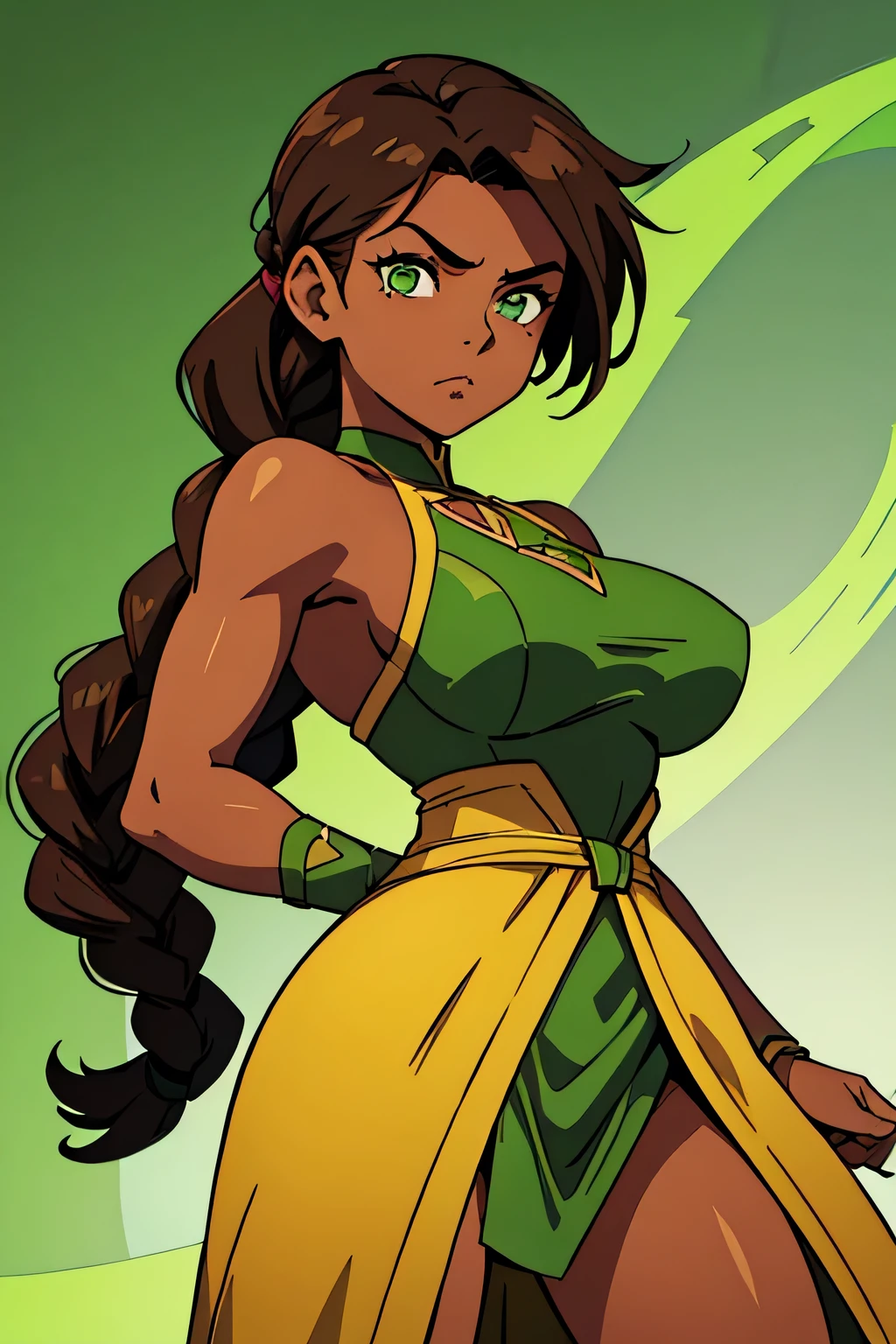 Earthbender human woman with tanned skin. She is a -yeld teger with green eyes and green clothing. Her hair is long and brown in color; it is fastened in a large braid. Just one braid. She is beautiful and her skin is dark in color. Her skin is slightly dark. Earthbender. Tsundere face. Pink eye shading
