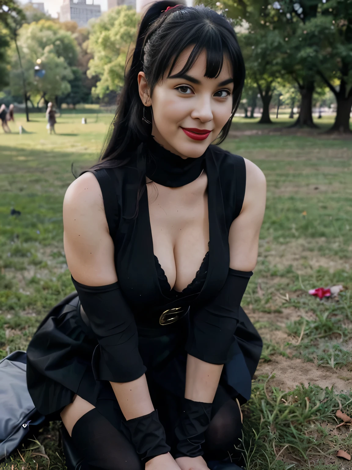 beautiful girl that looks like Bettie page, smile, updo, ponytail hair, red lipstick ,black long maxi-skirt(black long maxi-skirt:1.2), (( long black satin gloves)),high boots, ((and a long woolen vest )), flirting with the camera, hand bag on her shoulders, lying on the ground on the grass of central park having an orgasm with a vibrator,