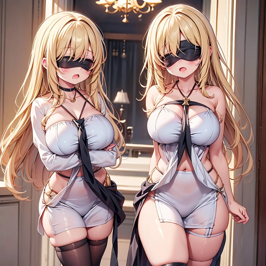 highest quality,wonderful,finely,extremely detailed CG Unity 8K wallpaper, (Stand in line:1.2), (3 girls, blonde, clothed), (huge ), (open mouth:1.1), (long tongue:1.1), (mouth drool:1.1), (black stockings:1.1),(Thighs:1.2),(Waistline:1.2),(black blindfolindfold:1.
