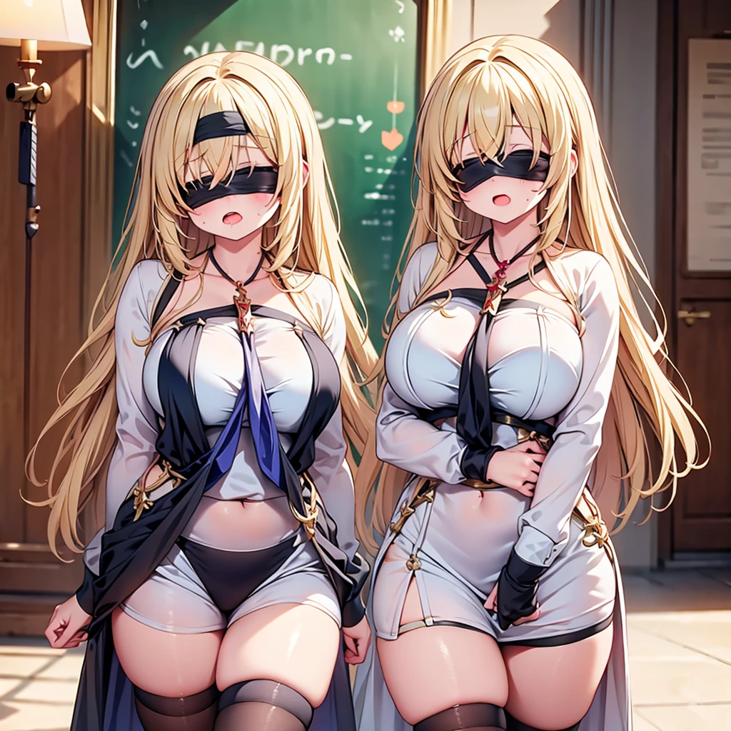 highest quality,wonderful,finely,extremely detailed CG Unity 8K wallpaper, (Stand in line:1.2), (3 girls, blonde, clothed), (huge breasts), (open mouth:1.1), (long tongue:1.1), (mouth drool:1.1), (black stockings:1.1),(Thighs:1.2),(Waistline:1.2),(black blindfold, blindfold:1.5)