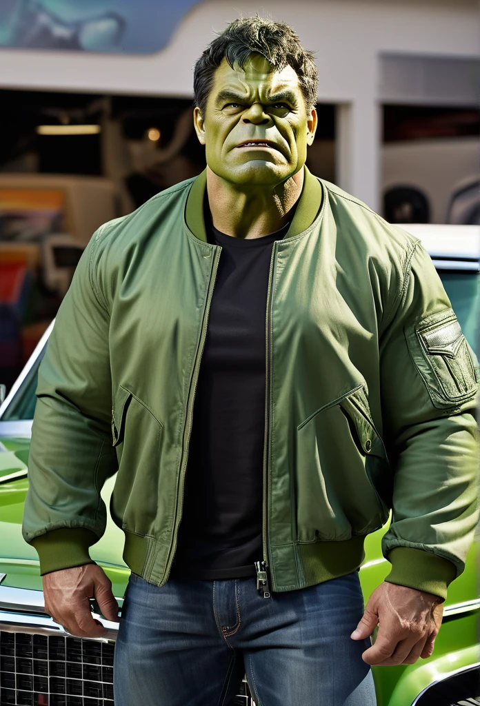 Hulk sitting inside the car and talking