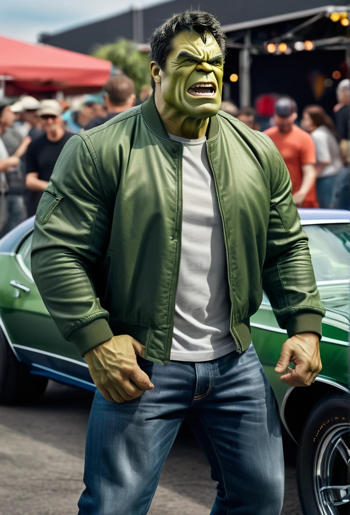 a Satire Photorealistic Picture of Hulk as Mark Ruffalodonning Casual Outfit, a bomber jacket, t-Shirts, jeans and sneakers hosting a hilarious Car Show Program Top Gear, insanely detailed and intricate carshow studio properties, detailed and perfect face, masterpiece professional cinematic photo soot