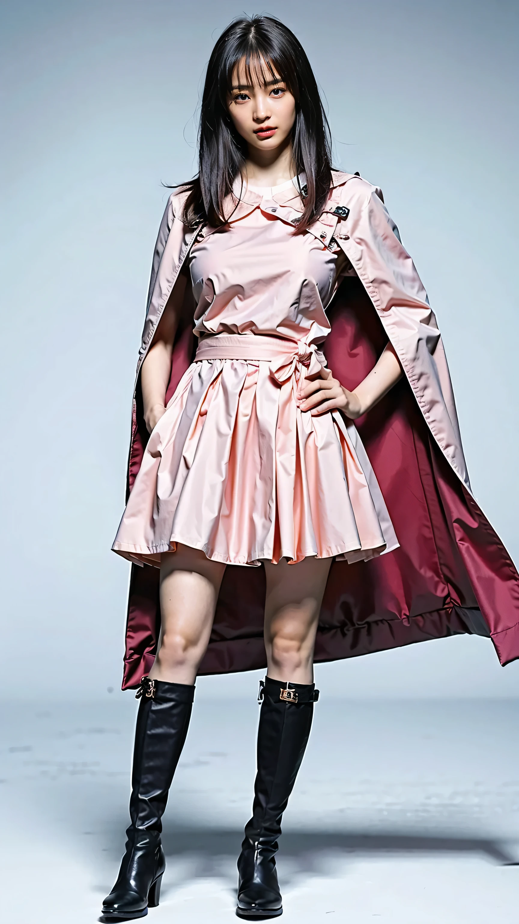 (8k、RAW Photos、highest quality、masterpiece:1.2)、(Realistic、Realistic)、1 girl、((Pink Hair、Magical Girl Costumes、Anime Cosplay、Long Hair、Pink Dress、See-through、Cute Costumes、Belly button、Cape、mini skirt、boots、Large Breasts、View from the front、Standing with hands on hips))、Lots of eyelashes、Glowing eyelids、skeletally correct