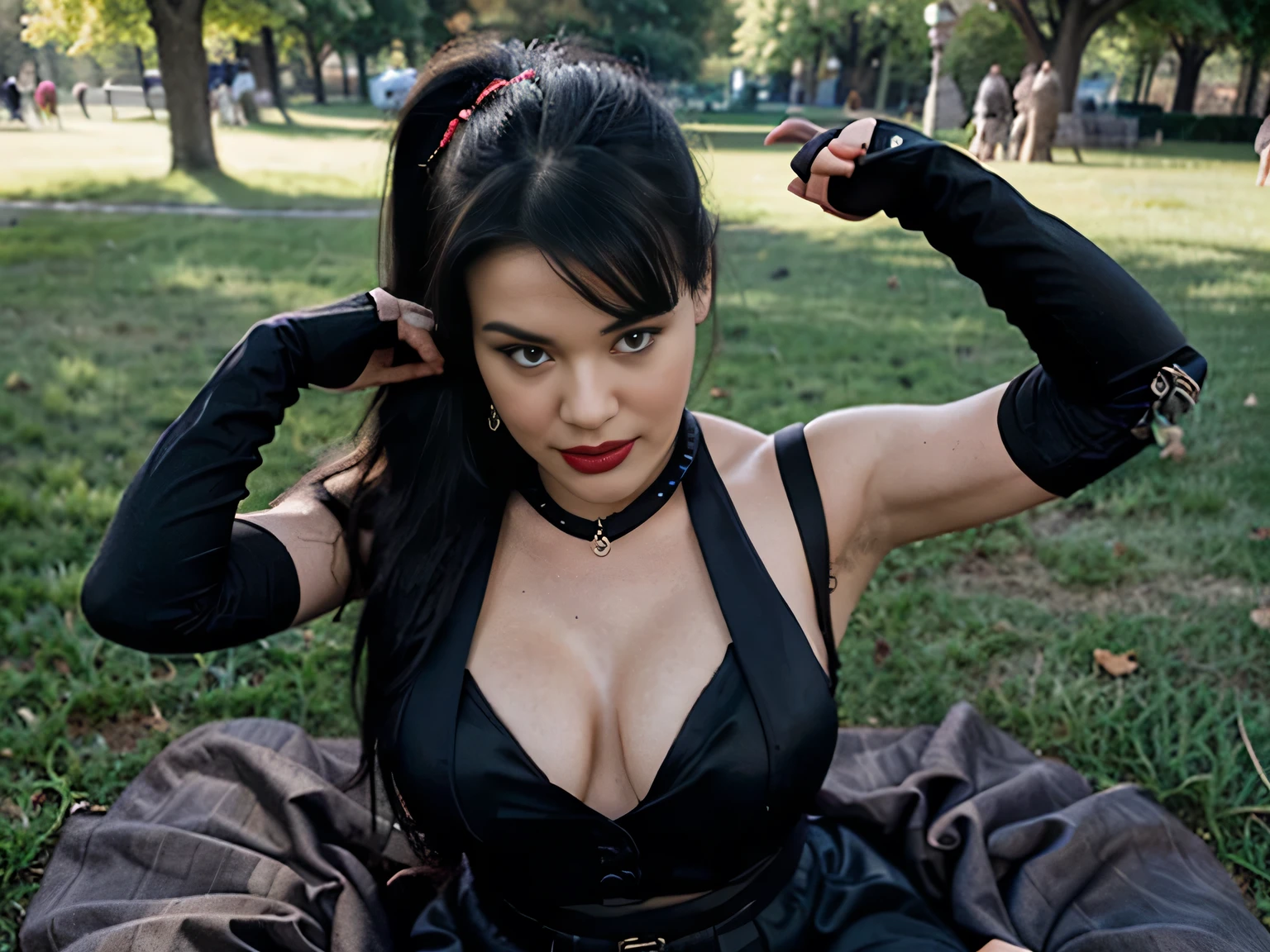 beautiful girl that looks like Bettie page, smile, updo, ponytail hair, red lipstick ,black long maxi-skirt(black long maxi-skirt:1.2), (( long black satin gloves)),high boots, ((and a long woolen vest )), flirting with the camera, hand bag on her shoulders, lying on the ground on the grass of central park having an orgasm with a vibrator,