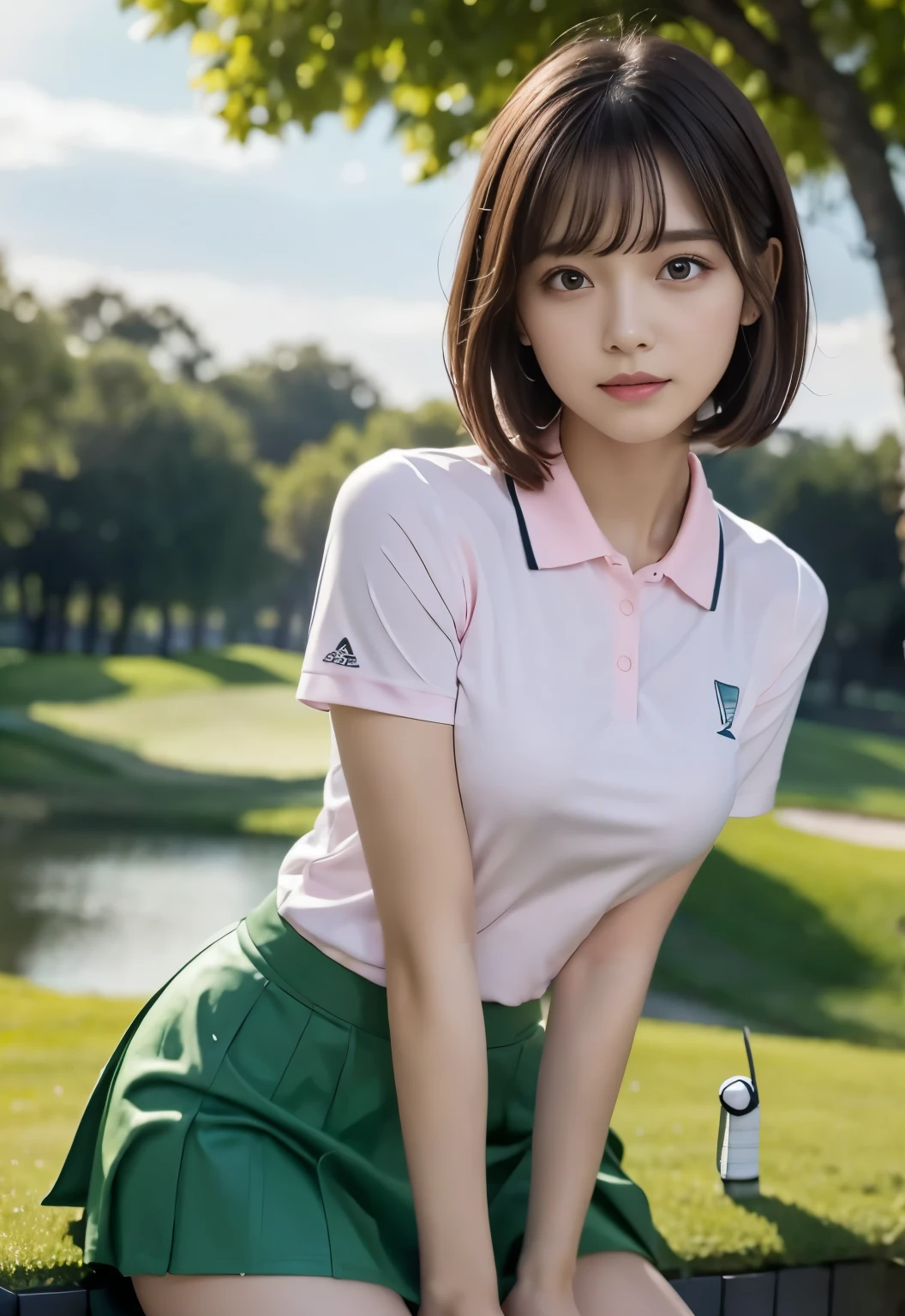 masterpiece, best quality:1.1), (8k, raw photo, photo realistic:1.2, f22), (shiny skin), detailed skin,Medium Bob,detailed face, detailed eyes,BREAK, real world, intricate details, smil, BREAK, 1girl, (pink,Polo shirt,mini skirt),BREAK, (golf:1.4), BREAK