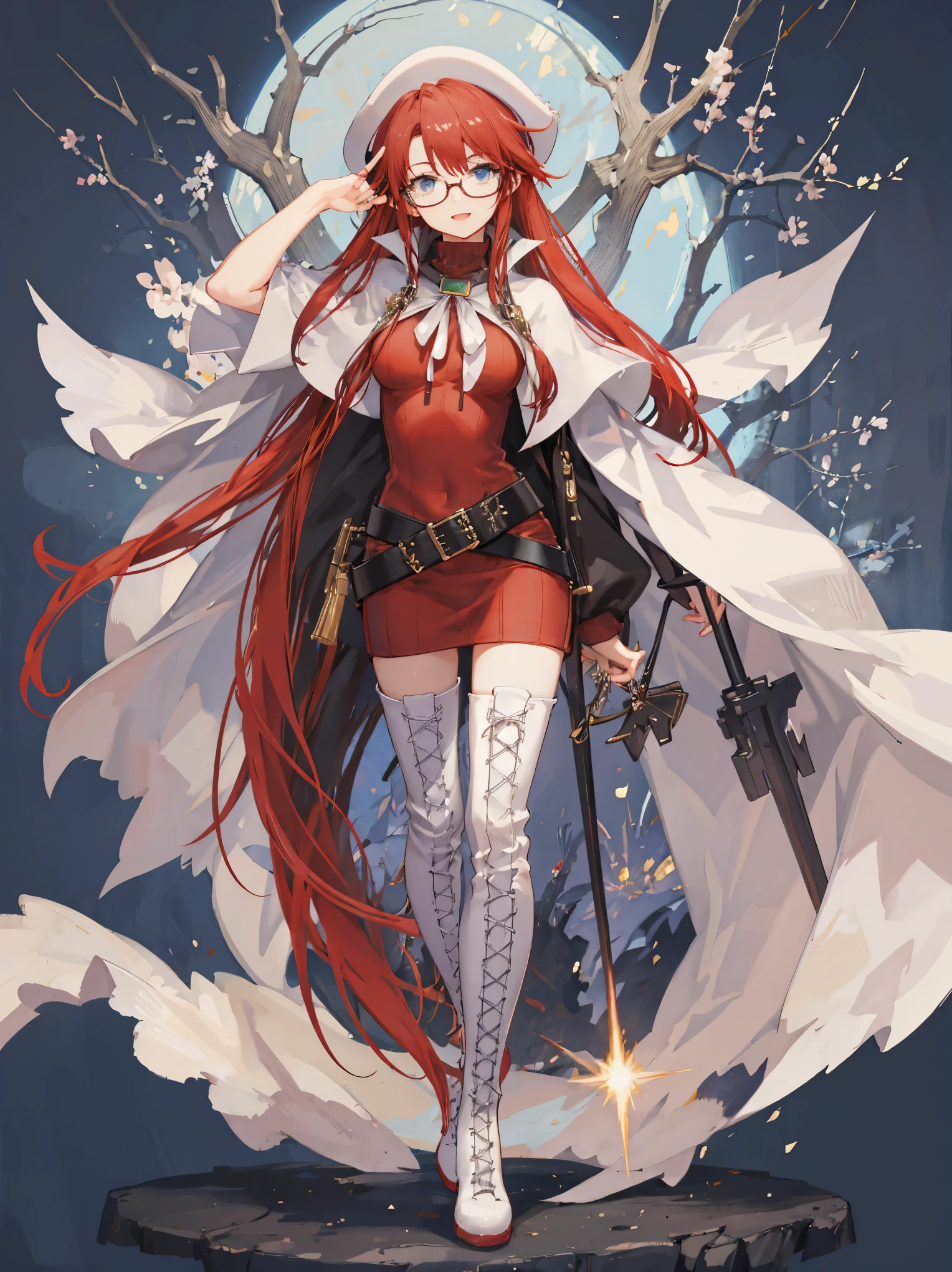 summonnightaty, aty, long hair, blue eyes, red hair, beret, hat, glasses,
BREAK long hair, thighhighs, hat, dress, boots, glasses, belt, cape, sweater, zettai ryouiki, beret, thigh boots, white footwear, ribbed sweater, loose belt,solo,
BREAK outdoors, fantasy,on_a_ship,
BREAK (masterpiece:1.2), best quality, high resolution, unity 8k wallpaper, (illustration:0.8), (beautiful detailed eyes:1.6), extremely detailed face, perfect lighting, extremely detailed CG, (perfect hands, perfect anatomy),covered_nipples,covered_navel,light_smile ,(half_eyes:1.4),long_sword,edge,armpit,sleepy,dynamic_standing,red_sweater,apart_legs,magical_effect,pulmp,big_tits,light_open_mouth,prepare_a_sword