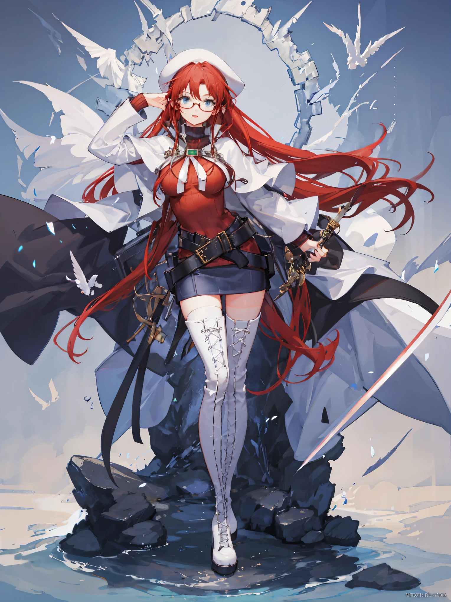 summonnightaty, aty, long hair, blue eyes, red hair, beret, hat, glasses,
BREAK long hair, thighhighs, hat, dress, boots, glasses, belt, cape, sweater, zettai ryouiki, beret, thigh boots, white footwear, ribbed sweater, loose belt,solo,
BREAK outdoors, fantasy,on_a_ship,
BREAK (masterpiece:1.2), best quality, high resolution, unity 8k wallpaper, (illustration:0.8), (beautiful detailed eyes:1.6), extremely detailed face, perfect lighting, extremely detailed CG, (perfect hands, perfect anatomy),covered_nipples,covered_navel,light_smile ,(half_eyes:1.4),long_sword,edge,armpit,sleepy,dynamic_standing,red_sweater,apart_legs,magical_effect,pulmp,big_tits,light_open_mouth,prepare_a_sword