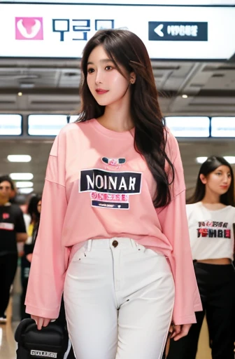 [an ultra-realistic Asian woman at Seoul International Airport], oval face shape, dark black hair color with brown streaks, medium length wavy hair, 25 years old, (wearing an oversized pink long-sleeved t-shirt with a cool logo, tight trousers black, white premium snickers), bell-shaped breasts, standing pose facing the audience. Background Soul international airport