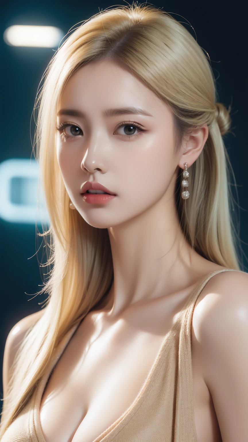 ((1 girl, Show half Body)). Ultra HD, Ultra-detailed, Highly Detailed, Ultra High Realistic, Ultra-realistic, Masterpiece:1.5, illustration:1.1, best quality:1.5, realistic, photorealistic, fine detail, perfect detail, sharp color, 4k, 8k, HDR, sharp focus, smooth detail, high resolution. (Anatomically Correct), (Detailed Realistic Skin Texture). Tall body, big breasts:1.5. A beautiful girl wearing loose cardigan. Studio background. Long (blond) hair with updo, Beautiful face, closed mouth, closed lips, detailed face, Beautiful eyes, perfect symmetrically perfect eyes. Wearing (makeup), blush, lipstick, glossy lips, eyeshadow, eyelashes. bright lights, neon lights, flashlights. Looking at the camera.