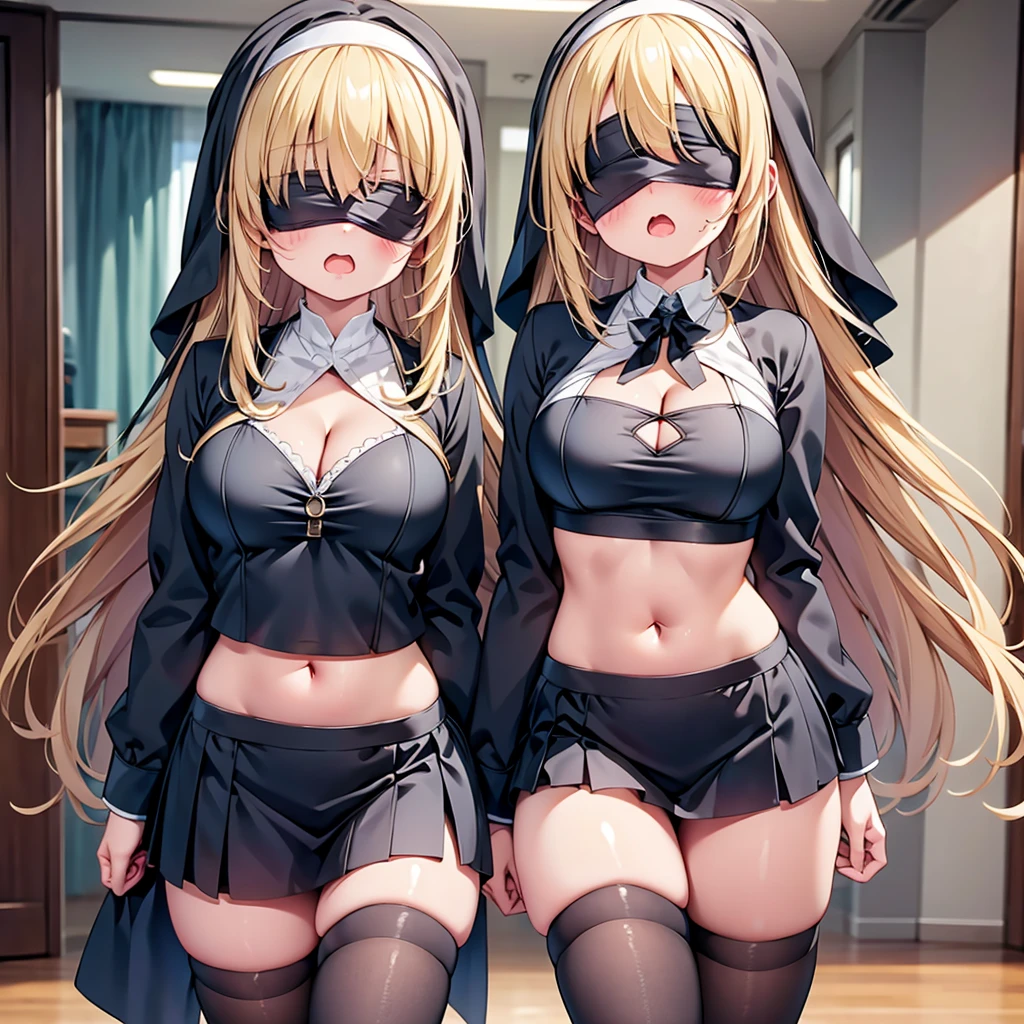 highest quality,wonderful,finely,extremely detailed CG Unity 8K wallpaper, (girl, very long hair, blonde, clothed), (nun :1.2), (midium breasts), (cleavage cutout:1.4), (crop top navel:1.4), (open mouth:1.1), (long tongue:1.1), (mouth drool:1.1), (black stockings:1.1),(Thighs:1.2),(Waistline:1.2),(black blindfold, blindfold:1.5)