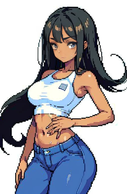 (masterpiece, top quality, best quality), pixel art, brown skinned anime woman wearing a cami top and jeans, famished in hunger, (gently resting hands on stomach), (sweating), (lying down), (long hair), (hands on stomach)