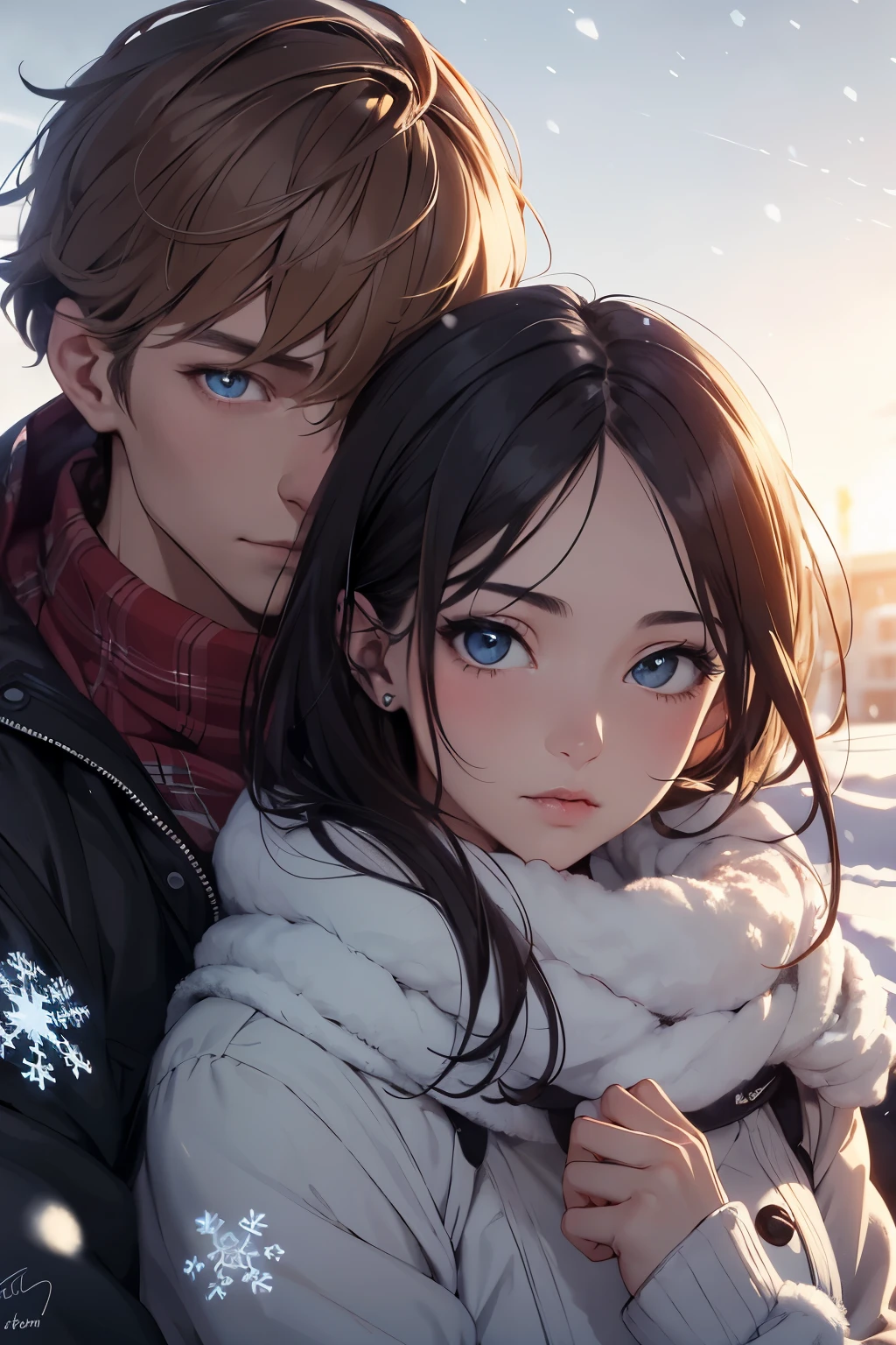 ((Best quality)), ((masterpiece)), (detailed), perfect face, a girl and a guy, romantic atmosphere, high image quality, 8K, HD resolution, detailed and beautiful faces, saturated light, winter day, warm clothes, snowflakes swirling