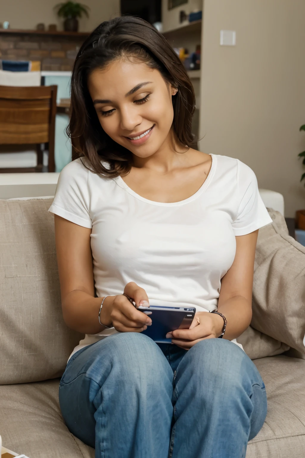 Smiling mixed race woman using credit card for e-commerce on digital tablet at home. Happy hispanic man sitting alone on sofa in living room, using technology for ebanking. Relaxing, ordering, shopping online