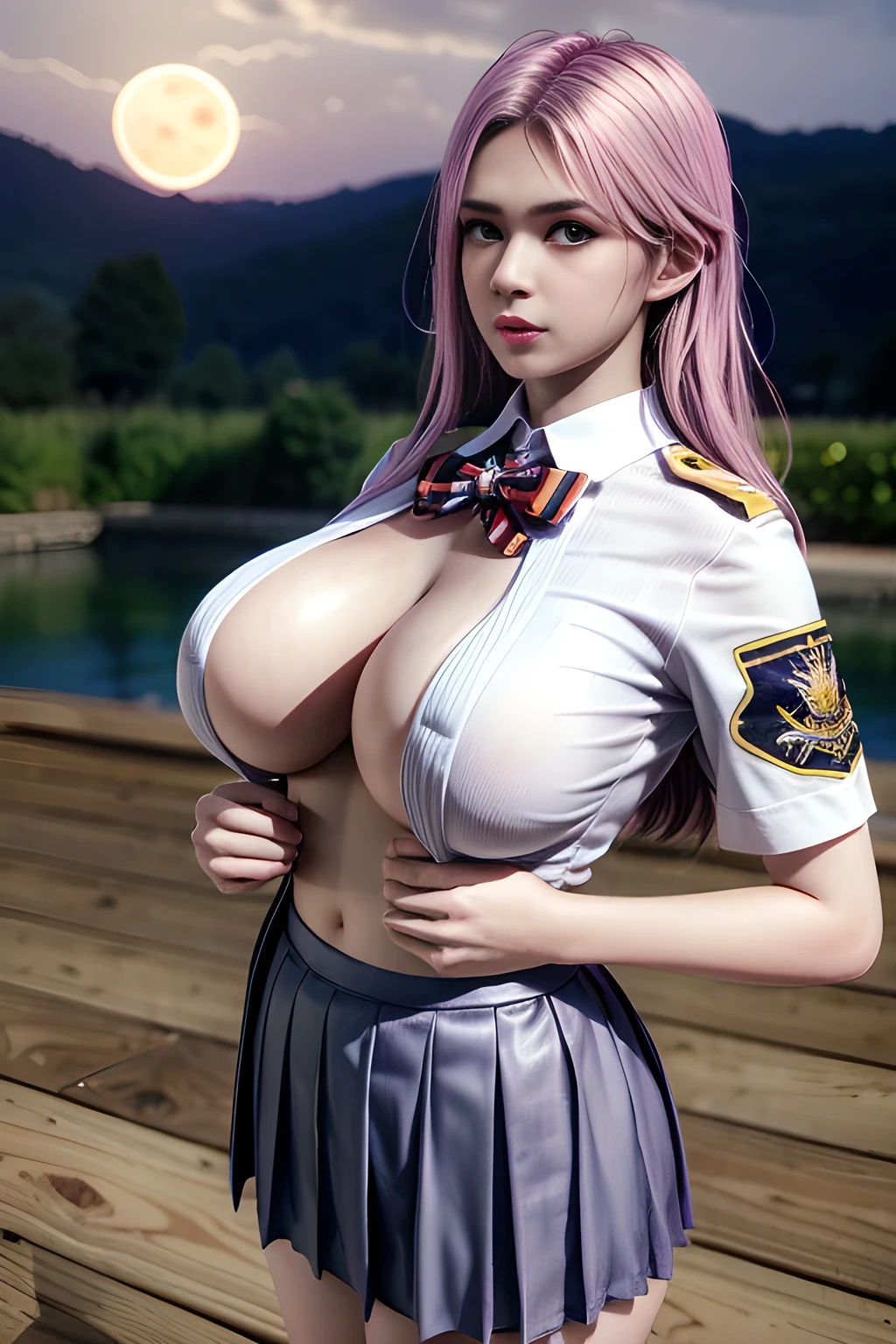 1 girl,lean over ,(wearing British High School Uniform:1.4), (pleated skirt:1.2),outdoor,elegant,nighttime,moonlighe,shiny skin,( huge breasts:1.1), lip gloss,tattoos, masterpiece, best quality, realistic ,Surrealism,natural colors art in 8k,soft shadows,Portrait art,solo,  elise,