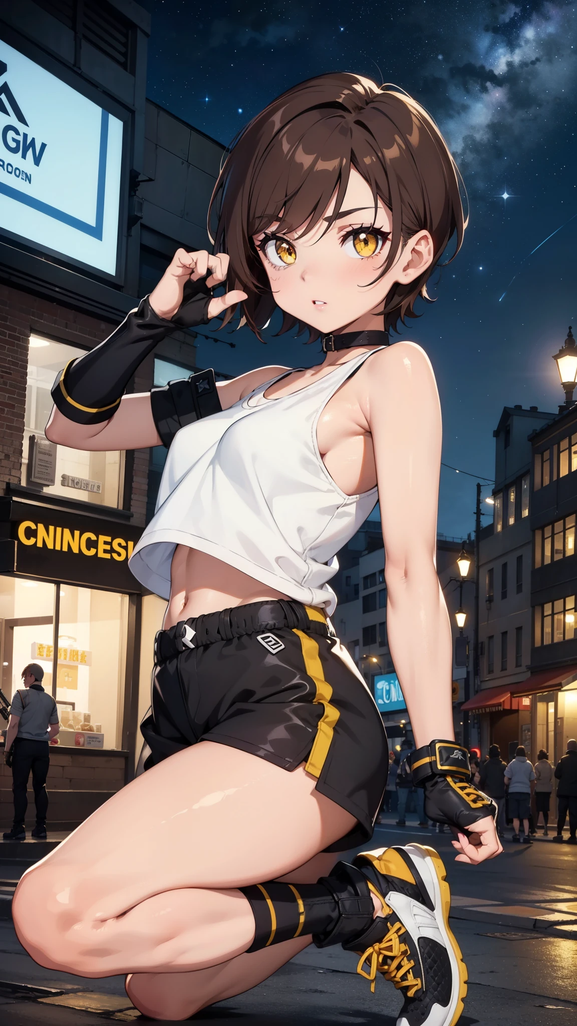 street dancer, short hair, brown hair, yellow glowing eyes, perfect lips, cute expression, cute face, cute pose, fingerless gloves, gun, tank top, jacket, cute pose, ultra detailed face, long eyelashes, sharp eyes , Fullbody shot, dinamic viewer, night sky, variuos adornment