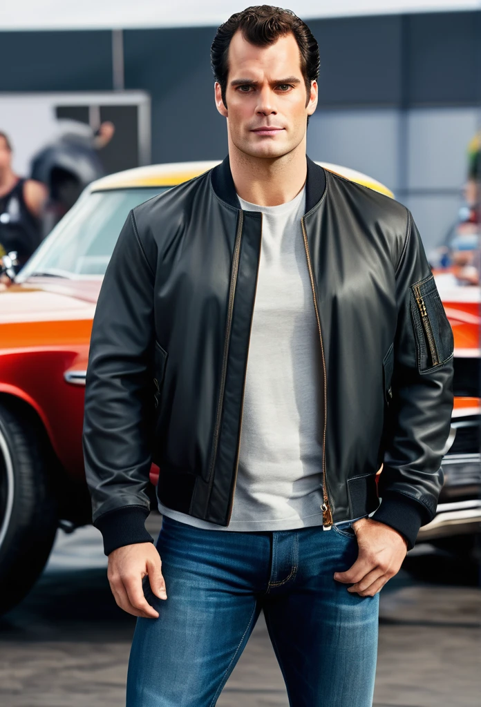 a Satire Photorealistic Picture of Henry Cavill as Clark Kent donning Casual Outfit, a bomber jacket, t-Shirts, jeans and sneakers hosting a hilarious Car Show Program Top Gear, insanely detailed and intricate carshow studio properties, detailed and perfect face, masterpiece professional cinematic photo soot
