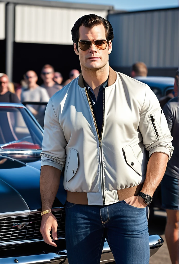 a Satire Photorealistic Picture of Henry Cavill as Clark Kent donning Casual Outfit, a bomber jacket, t-Shirts, jeans and sneakers hosting a hilarious Car Show Program Top Gear, insanely detailed and intricate carshow studio properties, detailed and perfect face, masterpiece professional cinematic photo soot