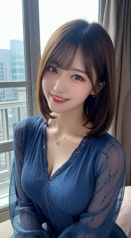 Tabletop, highest quality, figure, Very detailed, In detail, High resolution, 8k wallpaper, Perfect dynamic composition, Beautiful fine details, dress,Medium Hair, Center of chest, Natural color lip, Random sexy poses,smile,Tower apartment