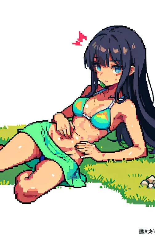 (masterpiece, top quality, best quality), pixel art, tan skinned anime woman wearing a bikini top and long skirt, famished in hunger, (gently resting hands on stomach), (sweating), (lying down), (long hair), (hands on stomach)