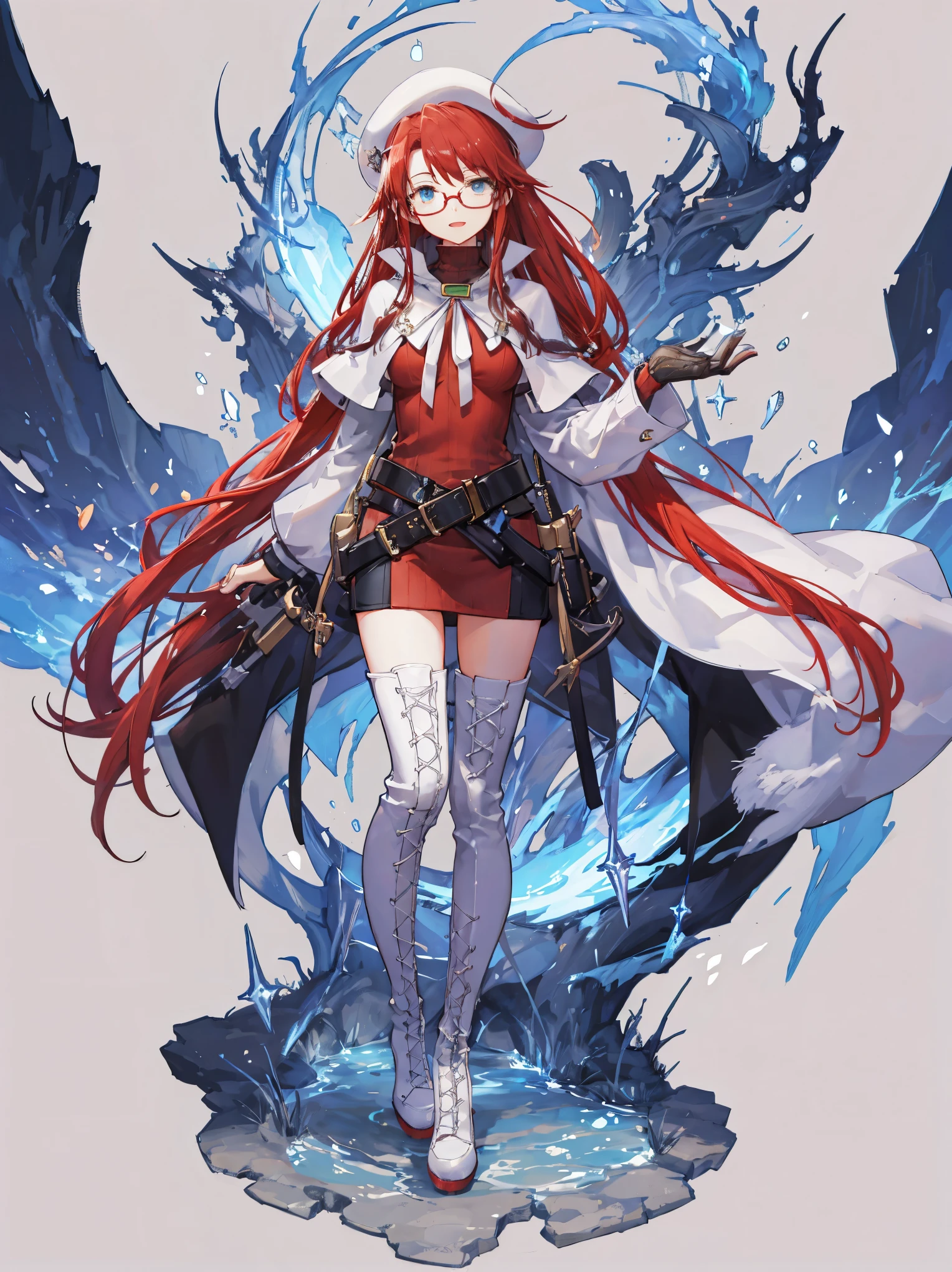 summonnightaty, aty, long hair, blue eyes, red hair, beret, hat, glasses,
BREAK long hair, thighhighs, hat, dress, boots, glasses, belt, cape, sweater, zettai ryouiki, beret, thigh boots, white footwear, ribbed sweater, loose belt,,
BREAK outdoors, fantasy_town,
BREAK (masterpiece:1.2), best quality, high resolution, unity 8k wallpaper, (illustration:0.8), (beautiful detailed eyes:1.6), extremely detailed face, perfect lighting, extremely detailed CG, (perfect hands, perfect anatomy),(covered_nipples:1.3),covered_navel,light_smile,dynamic_posing,(half_eyes:1.2),light_open_mouth,sword,