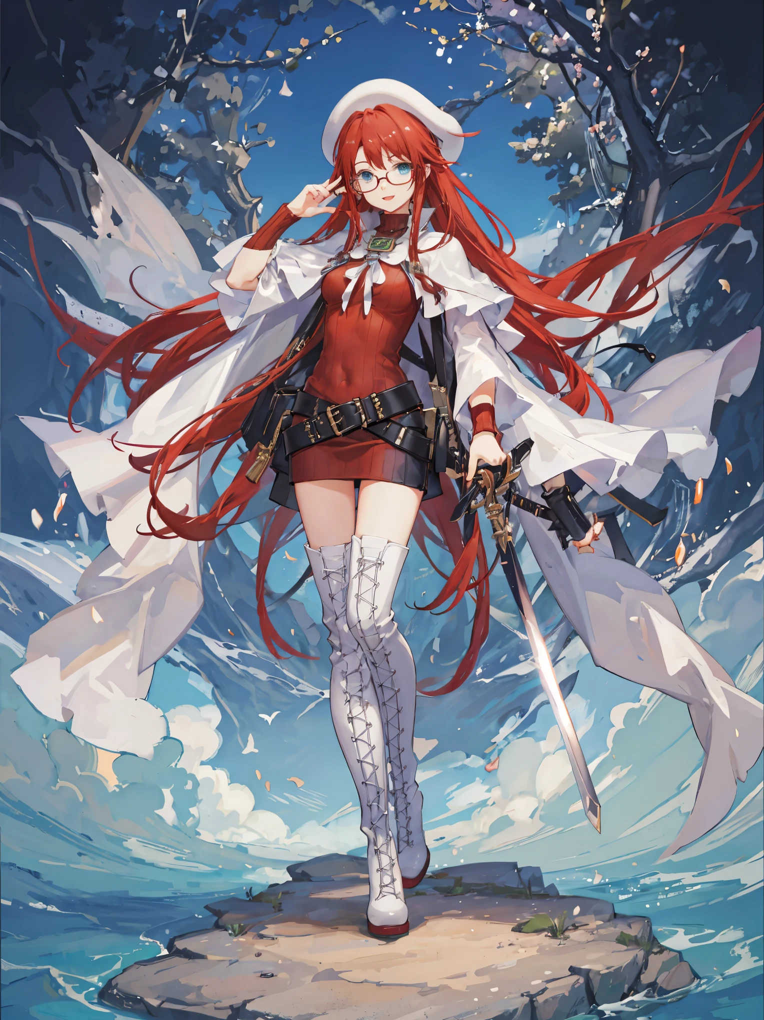 summonnightaty, aty, long hair, blue eyes, red hair, beret, hat, glasses,
BREAK long hair, thighhighs, hat, dress, boots, glasses, belt, cape, sweater, zettai ryouiki, beret, thigh boots, white footwear, ribbed sweater, loose belt,solo,
BREAK outdoors, fantasy,on_a_ship,
BREAK (masterpiece:1.2), best quality, high resolution, unity 8k wallpaper, (illustration:0.8), (beautiful detailed eyes:1.6), extremely detailed face, perfect lighting, extremely detailed CG, (perfect hands, perfect anatomy),covered_nipples,covered_navel,light_smile ,(half_eyes:1.4),long_sword,edge,armpit,sleepy,dynamic_standing,red_sweater,apart_legs,magical_effect,pulmp,big_tits,light_open_mouth,prepare_a_sword