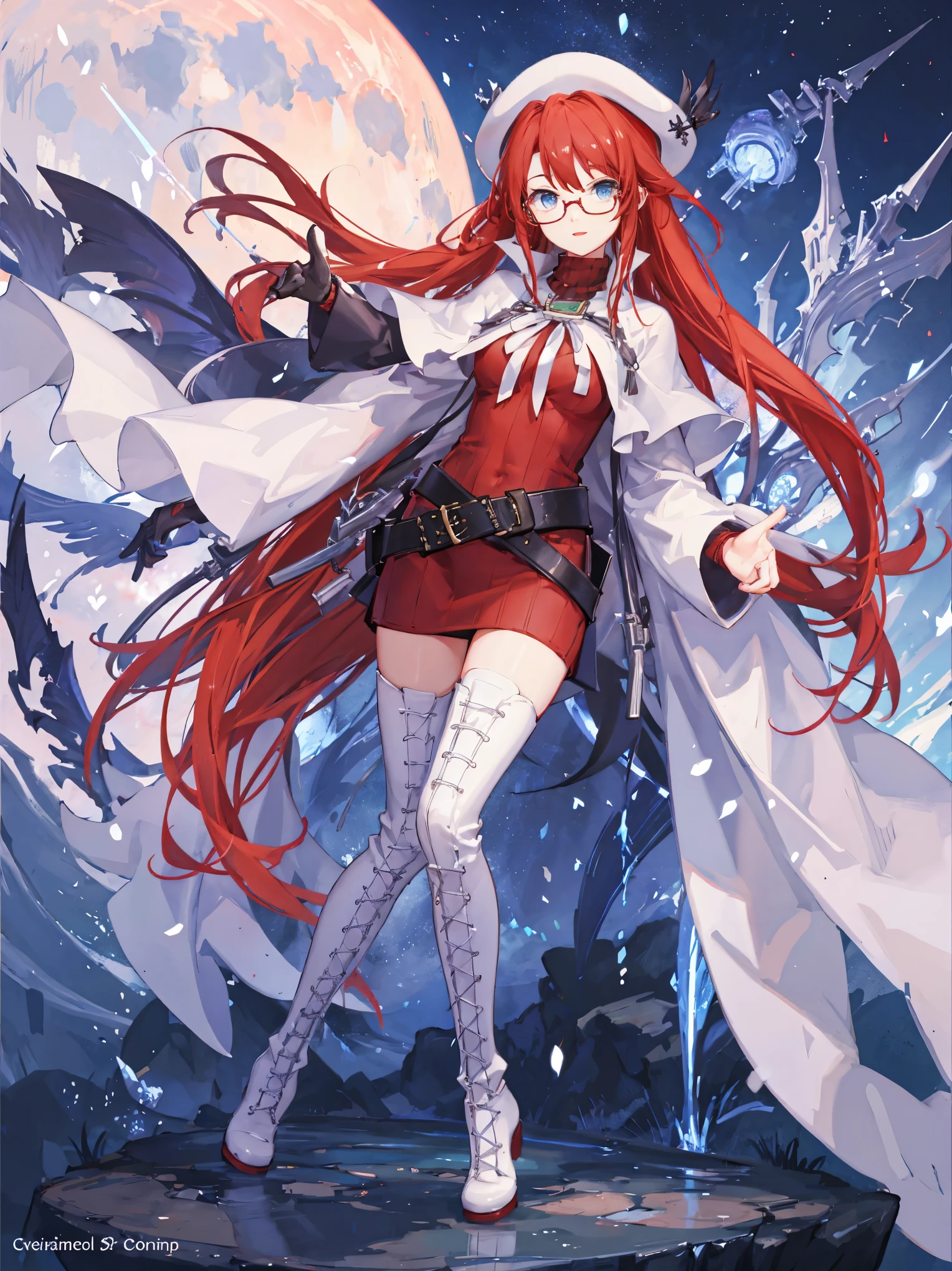 summonnightaty, aty, long hair, blue eyes, red hair, beret, hat, glasses,
BREAK long hair, thighhighs, hat, dress, boots, glasses, belt, cape, sweater, zettai ryouiki, beret, thigh boots, white footwear, ribbed sweater, loose belt,solo,
BREAK outdoors, fantasy,on_a_ship,
BREAK (masterpiece:1.2), best quality, high resolution, unity 8k wallpaper, (illustration:0.8), (beautiful detailed eyes:1.6), extremely detailed face, perfect lighting, extremely detailed CG, (perfect hands, perfect anatomy),covered_nipples,covered_navel,light_smile ,(half_eyes:1.4),long_sword,edge,armpit,sleepy,dynamic_standing,red_sweater,apart_legs,magical_effect,pulmp,big_tits,light_open_mouth,prepare_a_sword
