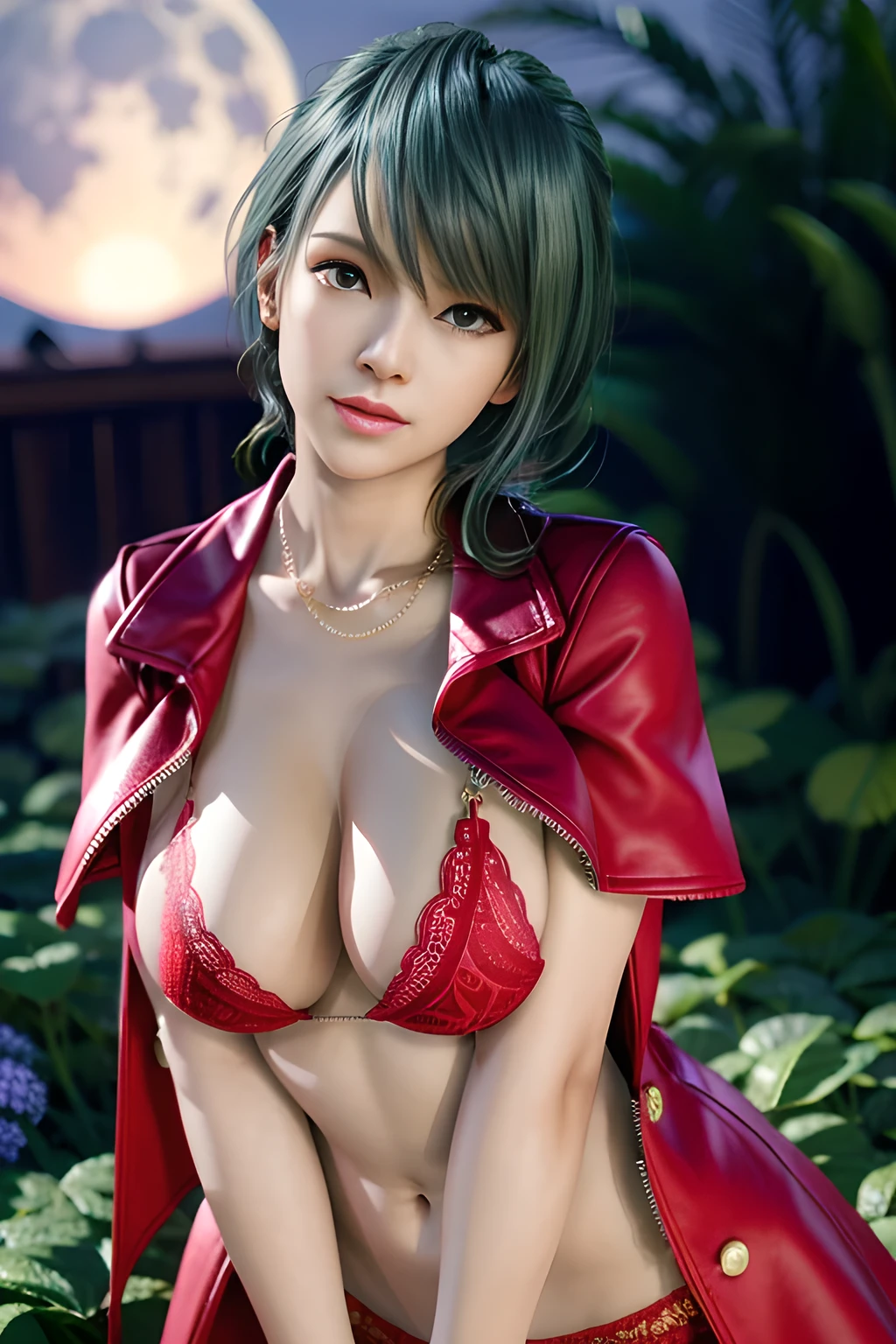 1 girl,lean over WINK, (Wearing Jewel:1.2) ,( red lace_coat),(Fluffs :1.2),(mother-of-pearl chain:1.4), garden,nighttime,moon,( huge breasts:1.1),cleavage,shiny skin,lip gloss,tattoos, masterpiece, best quality, realistic ,Surrealism,Rich artistic colors,natural colors art in 8k,3D,Portrait art,solo, tamaki