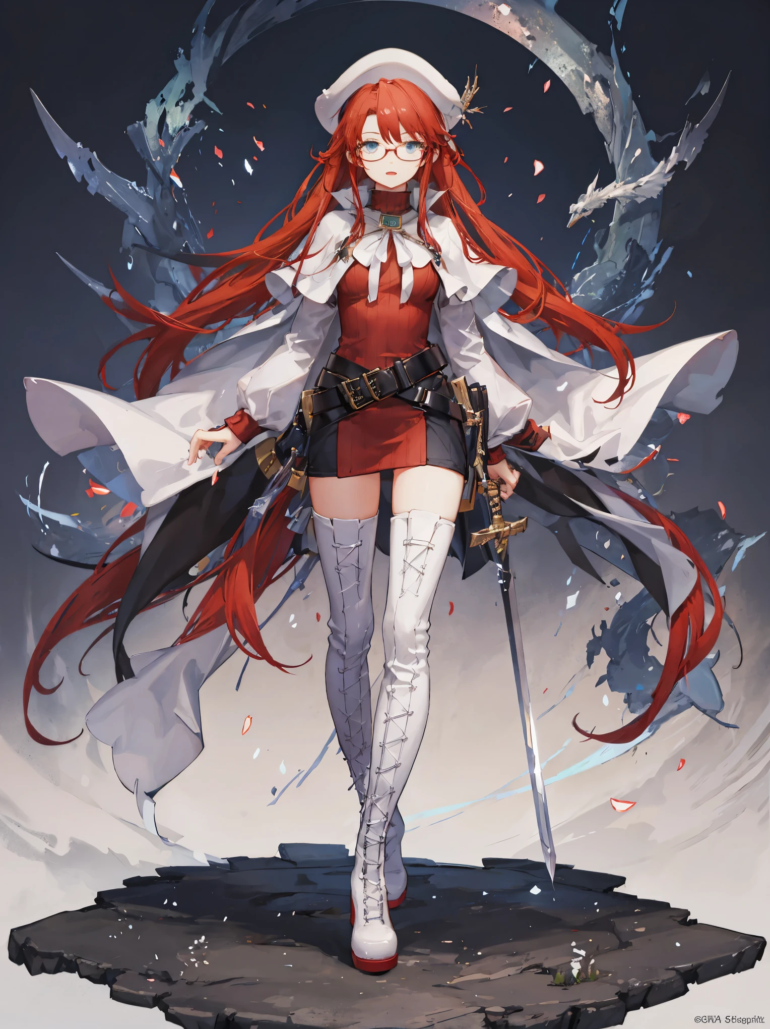 summonnightaty, aty, long hair, blue eyes, red hair, beret, hat, glasses,
BREAK long hair, thighhighs, hat, dress, boots, glasses, belt, cape, sweater, zettai ryouiki, beret, thigh boots, white footwear, ribbed sweater, loose belt,solo,
BREAK outdoors, fantasy,on_a_ship,
BREAK (masterpiece:1.2), best quality, high resolution, unity 8k wallpaper, (illustration:0.8), (beautiful detailed eyes:1.6), extremely detailed face, perfect lighting, extremely detailed CG, (perfect hands, perfect anatomy),covered_nipples,covered_navel,light_smile ,(half_eyes:1.4),long_sword,edge,armpit,sleepy,dynamic_standing,red_sweater,apart_legs,magical_effect,pulmp,big_tits,light_open_mouth,prepare_a_sword