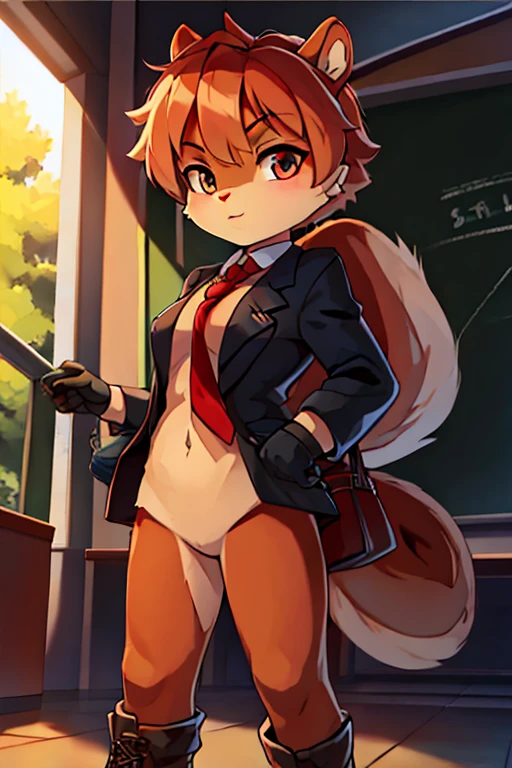 boy, squirrel, furry, bodyfur, blazer, bottomless, gloves, boots, school, school bag