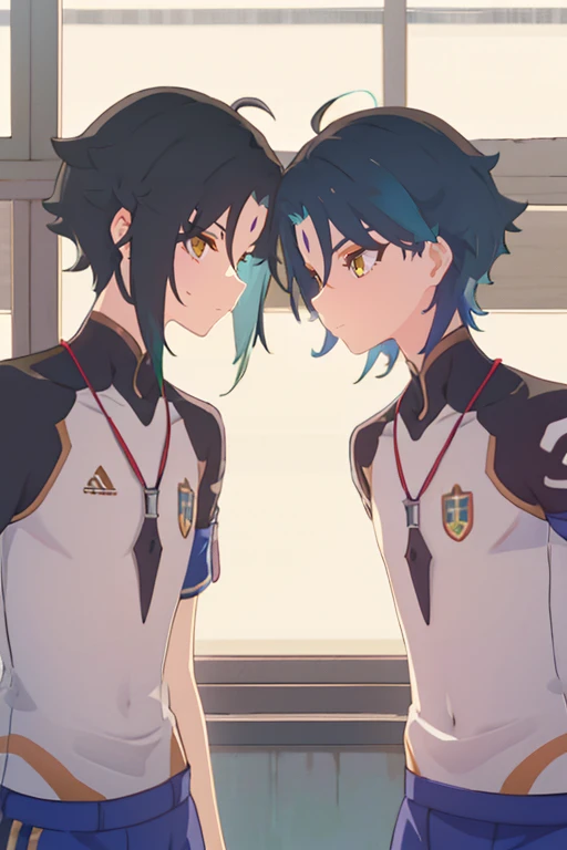 2 boys,dark green hair,highest quality,masterpiece,excessive,male focus,yellow eyes,beautiful eyes,beautiful boy,School,between men,Spouse,soccer club members,Blue soccer uniform,soccer,high school,soccer uniform,blue clothes,soccer court,teammate,same clothes,shoulder to shoulder,feminine,good friend,best image quality,