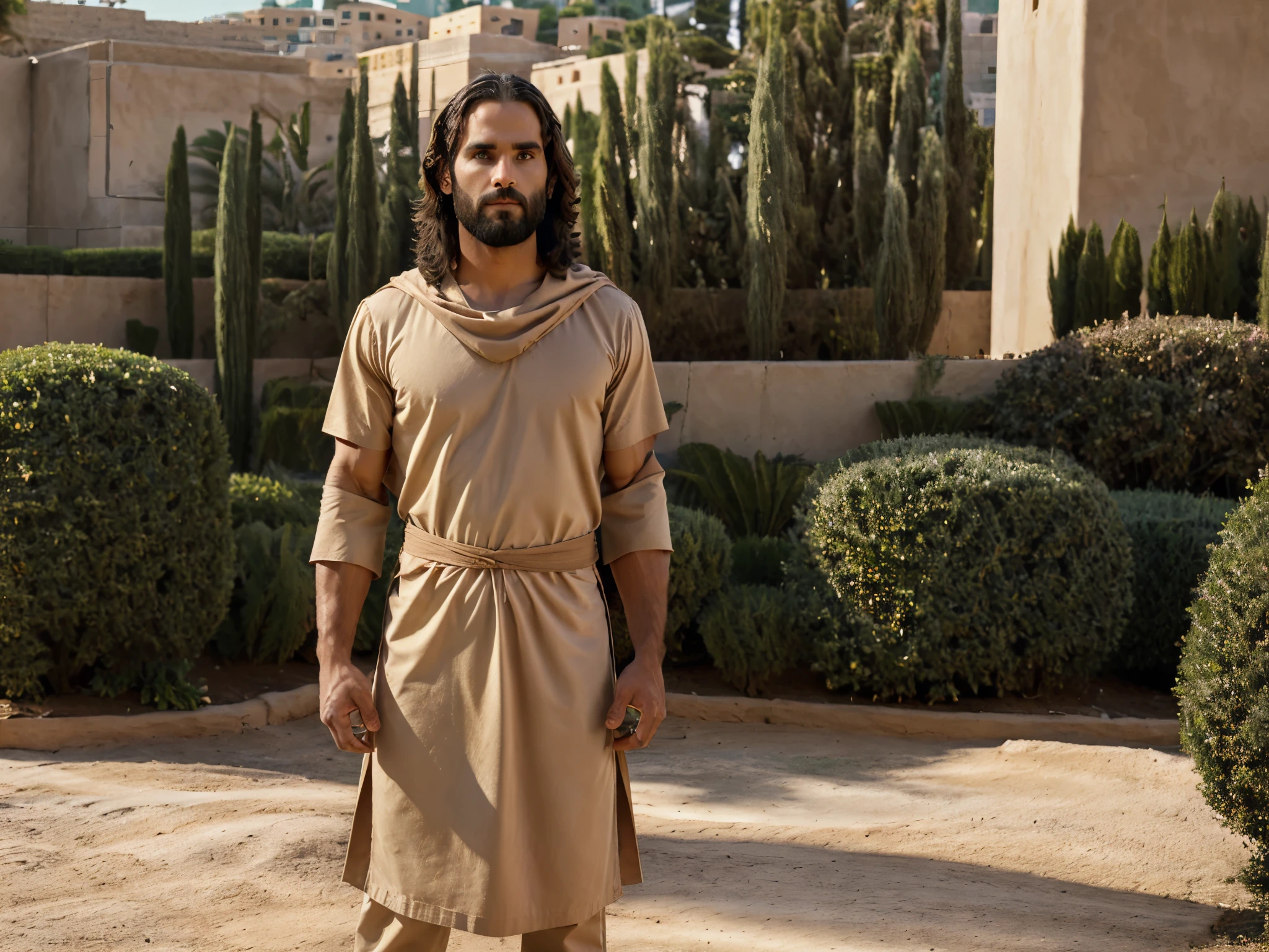 Seth Rollins as Jesus Christ, focus on face details, similar to seth rollins, wearing long beige Hebrew tunic, Jesus style from Bible, realistic image, Israel garden image background, best quality, 8k, focus on details.