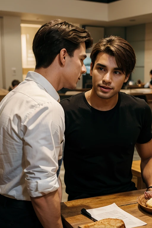 two male friends talking at the table