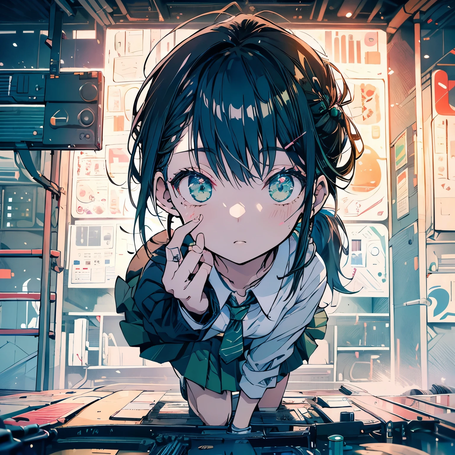 Masterpiece、High school girls、Black Hair、uniform、Green Skirt、ponytail