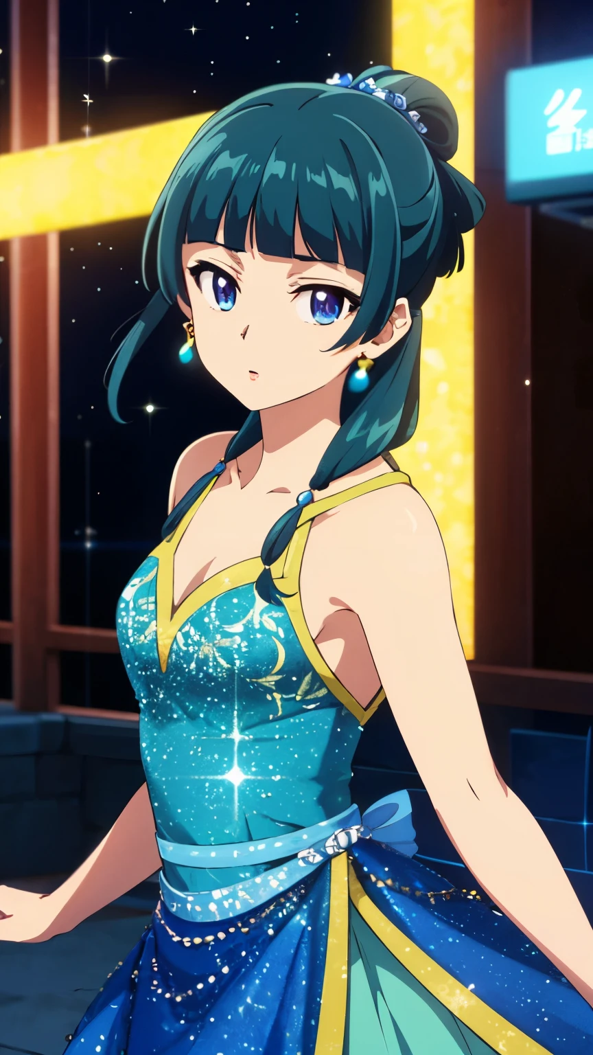 Top quality (8k, high resolution, masterpiece: 1.2), super detailed, anime art style, dynamic angle, (Western style dress, party venue), detailed green hair, detailed blue eyes, intricate hairstyle, long hair , slim body, sparkling eyes, youthful, hair accessories, earrings, half-updo, slightly dull bangs, detailed lighting, bright colors, looking at the viewer, in the center of the image, cowboy shot,