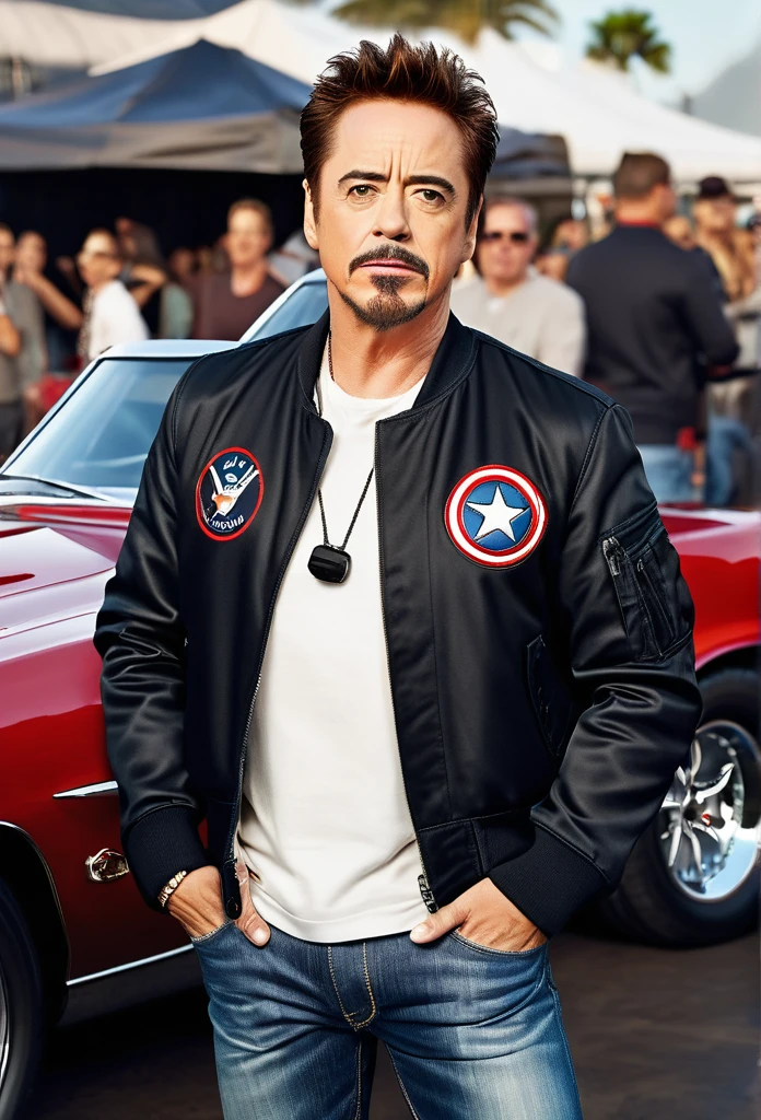 a Satire Photorealistic Picture of Ronert Downey Jr. as Tony Stark donning Casual Outfit, a bomber jacket, t-Shirts, jeans and sneakers hosting a hilarious Car Show Program Top Gear, insanely detailed and intricate carshow studio properties, detailed and perfect face, masterpiece professional cinematic photo soot