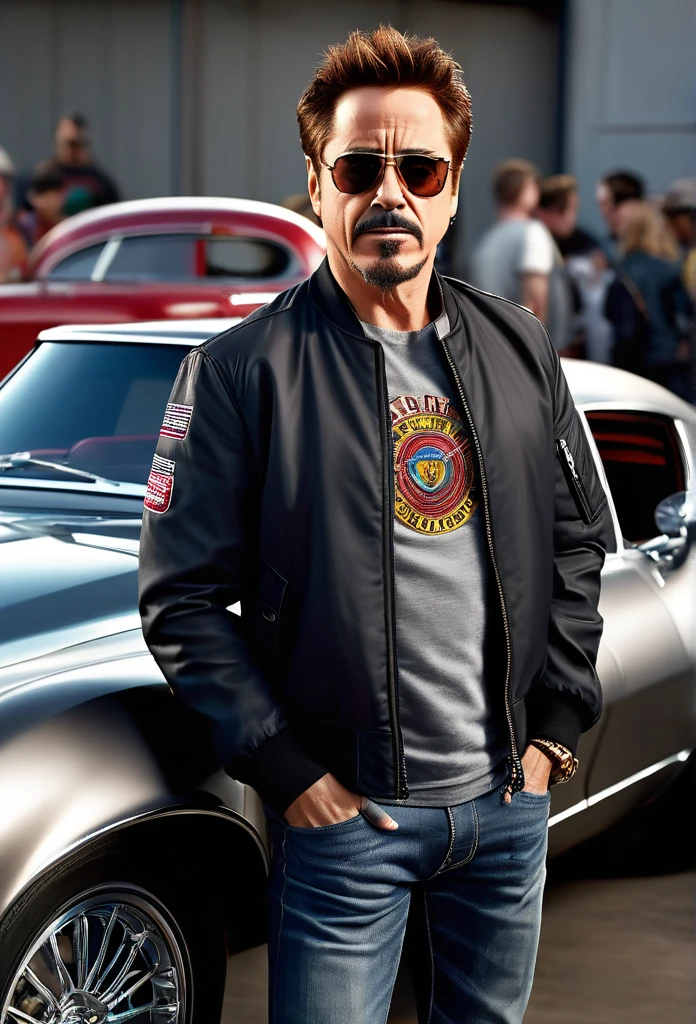 a Satire Photorealistic Picture of Ronert Downey Jr. as Tony Stark donning Casual Outfit, a bomber jacket, t-Shirts, jeans and sneakers hosting a hilarious Car Show Program Top Gear, insanely detailed and intricate carshow studio properties, detailed and perfect face, masterpiece professional cinematic photo soot