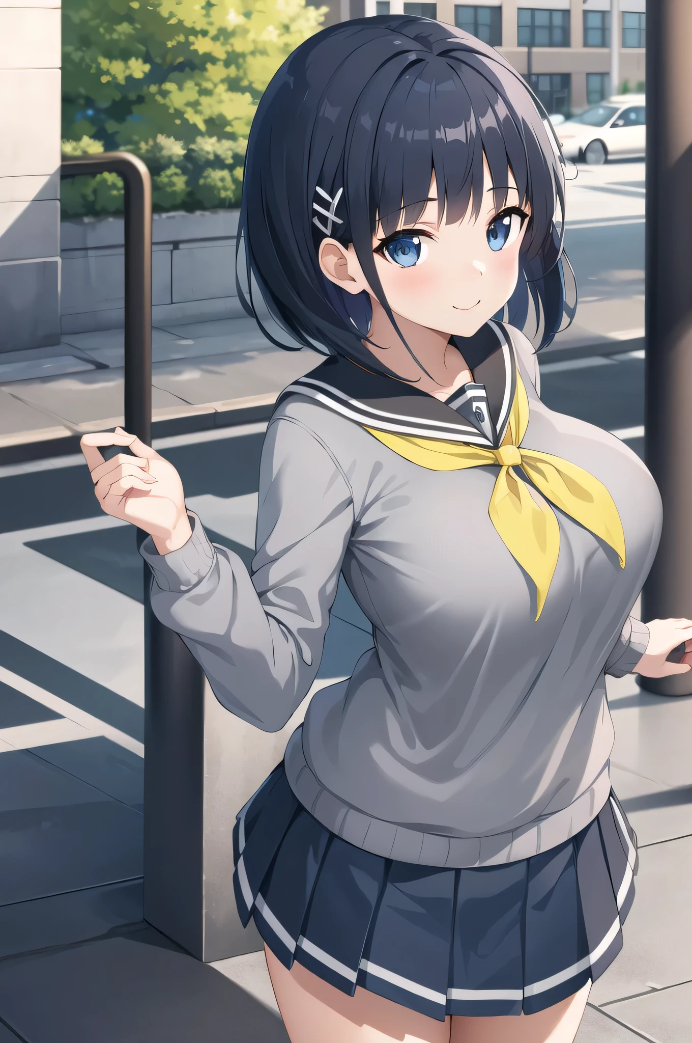 masterpiece、highest quality、High resolution、Anime Girls、solo、Short Hair、Black Hair、Blue Eyes、Hair Clip、Girls with very large breasts、Big Breasts、Grey sweater、Black sailor collar、Yellow neckerchief、Black Skirt、Are standing、looking at viewer、Cowboy Shot, Outdoor、smile、