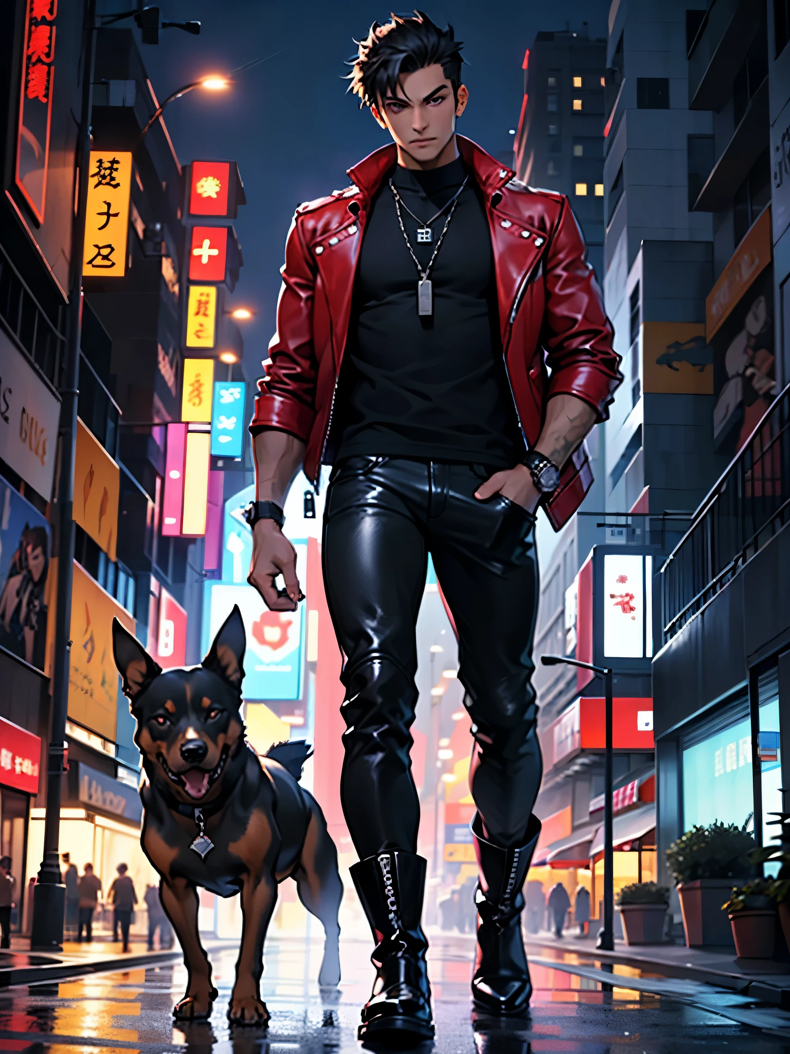 best quality, masterpiece, highres, solo, solo focus, 1boy, male focus, mature college student, black hair, short hair, spiky hair, purple eyes, japanese. muscular, red leather jacket, black t-shirt, (black leather pants, biker boots), ((single dog tag)), hands in pocket, standing, walking, gruff look on face, BREAK new york city street backdrop, nighttime, outdoors, perfect lightning, (walking with dog, doberman pinscher)