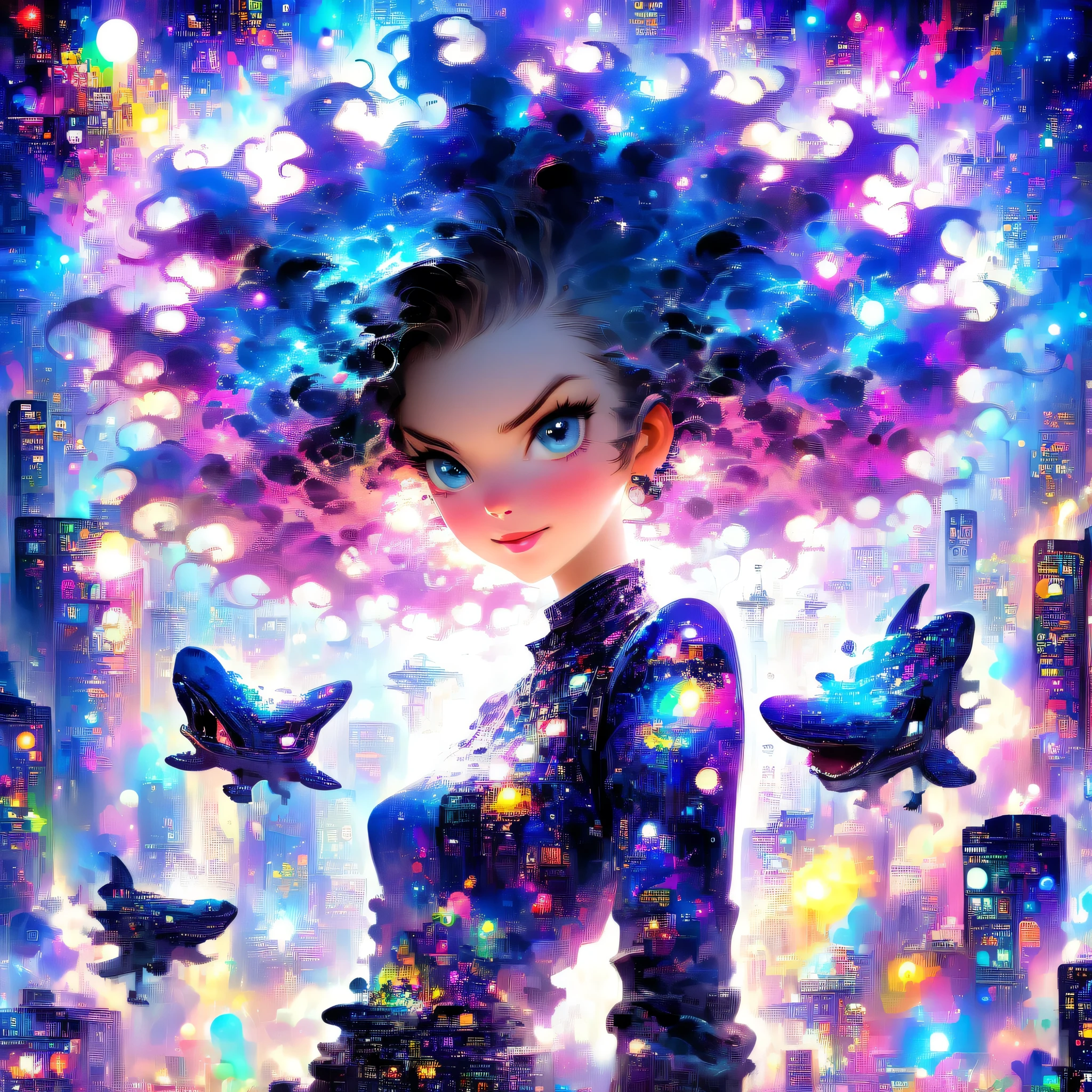 ((masterpiece)), (((highest quality))), ((Very detailed)), (Fantasy Style),(Lots of colors of background:1.6), Simple Background, (Cat of Theme),(Cape)、1 (Cloud of Hair):0.3], (Background of hair),(High saturation),(hair surrounded by Milky Way splashes),)):((her hair is becoming Milky Way clouds,:1.27628), (hair and clothes is Milky Way clouds and cluster of performer:1.1025),(Cape is becoming Milky Way clouds)(colorful_Milky Way_printing_cluster_of_performer_printing:1.35),((detailed starry sky with colorful Milky Way and Milky Way clouds):1.2)):0.35], (((masterpiece))),(((highest quality))),((Very detailed)),(figure),(Dynamic Angle),((floating)),(paint),((Disheveled Hair)),((Beautifully detailed face)),collar,Exposing shoulders, ((colorful hair)),((Stripes of hair)),Beautiful fine details,(Gradient color of eyes),(((colorful eyes))),(((colorful background))),(((High saturation))),(((surrounded by colorful splashes))),(((surrounded by colorful dot))),colorful bubble,((The Shining)),