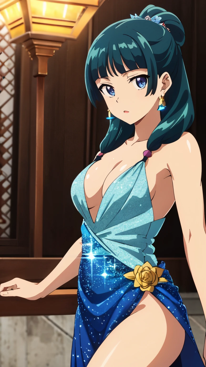 Top quality (8k, high resolution, masterpiece: 1.2), super detailed, anime art style, dynamic angle, (Western style dress, party venue), detailed green hair, detailed blue eyes, intricate hairstyle, long hair , slim body, sparkling eyes, youthful, hair accessories, earrings, half-updo, slightly dull bangs, detailed lighting, bright colors, looking at the viewer, in the center of the image, cowboy shot,