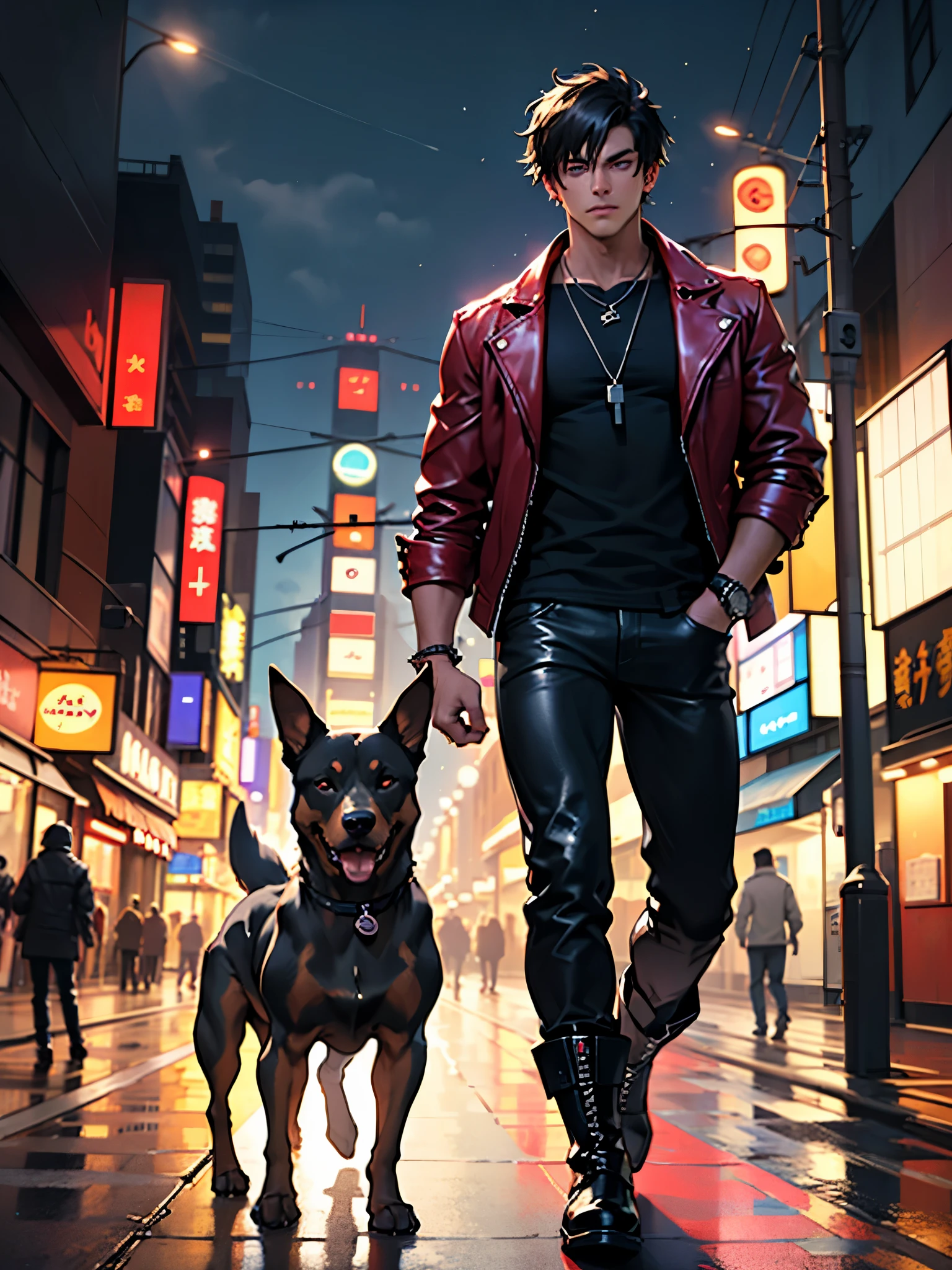 best quality, masterpiece, highres, solo, solo focus, 1boy, male focus, mature college student, black hair, short hair, spiky hair, purple eyes, japanese. muscular, red leather jacket, black t-shirt, (black leather pants, biker boots), ((single dog tag)), hands in pocket, standing, walking, gruff look on face, BREAK new york city street backdrop, nighttime, outdoors, perfect lightning, (walking with dog, doberman pinscher)