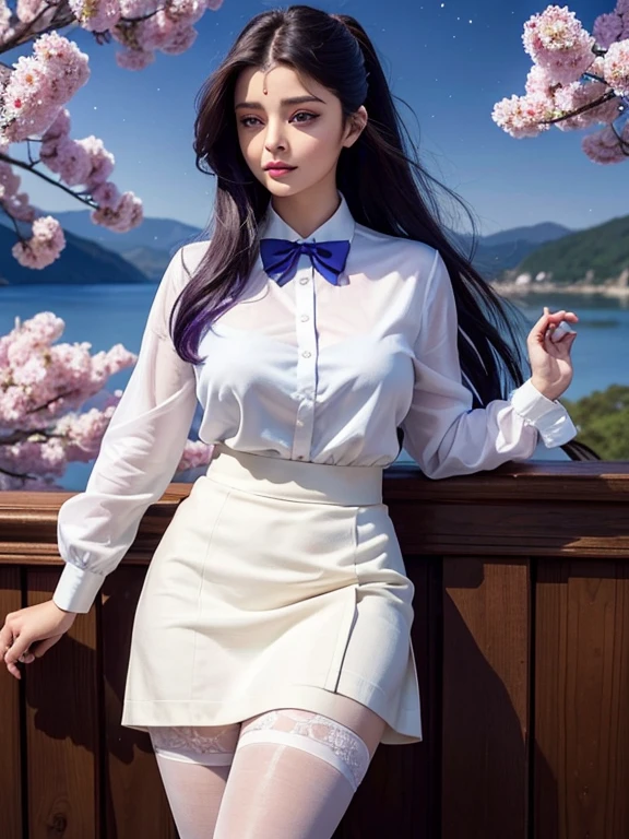 best quality, masterpiece,, Illustration, Wallpaper, Aishwarya Rai, white shirt, black skirt, light hair, semi-long hair, beautiful detailed girl, extremely detailed eyes and face, beautiful detailed eyes, shy, natural_lighting, glow, chubby, clean sky, looking at viewer, outdoors, night sky, star (sky), loafers, black pantyhose, blue bowtie, straight hair, purple petals, purple and blue flowers, red pupil, ponytail, blue ribbon,white hair, thick_thighs, large breasts, red eyes,