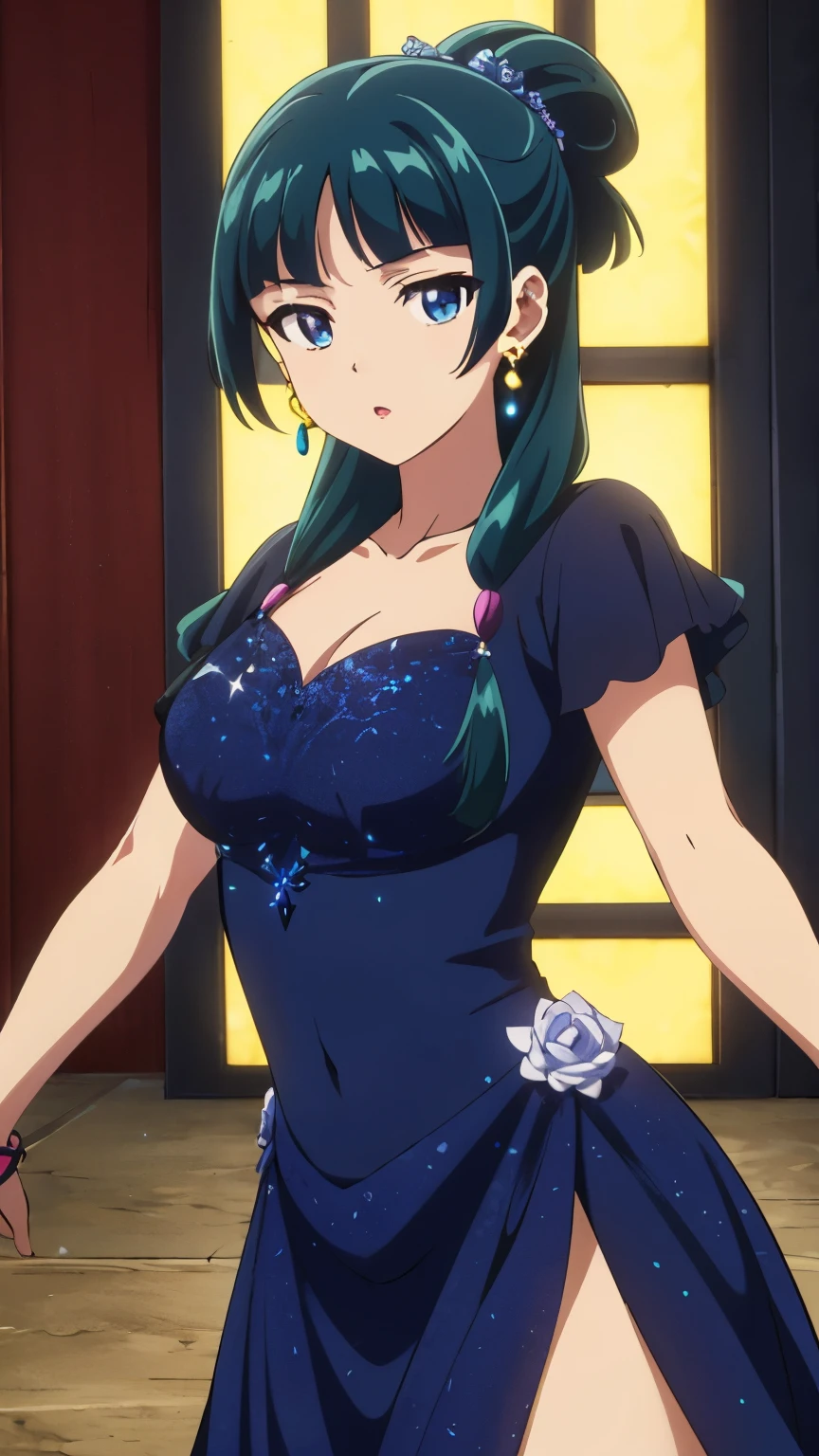 Top quality (8k, high resolution, masterpiece: 1.2), super detailed, anime art style, dynamic angle, (Western style dress, party venue), detailed green hair, detailed blue eyes, intricate hairstyle, long hair , slim body, sparkling eyes, youthful, hair accessories, earrings, half-updo, slightly dull bangs, detailed lighting, bright colors, looking at the viewer, in the center of the image, cowboy shot,