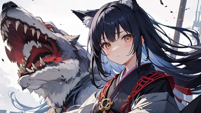 A Japanese-style girl with two giant wolves,force
和風の少女,force,A world that has collapsed,Fantasy,Dark feeling,monster,Dirty clothes,Torn clothes,Postwar